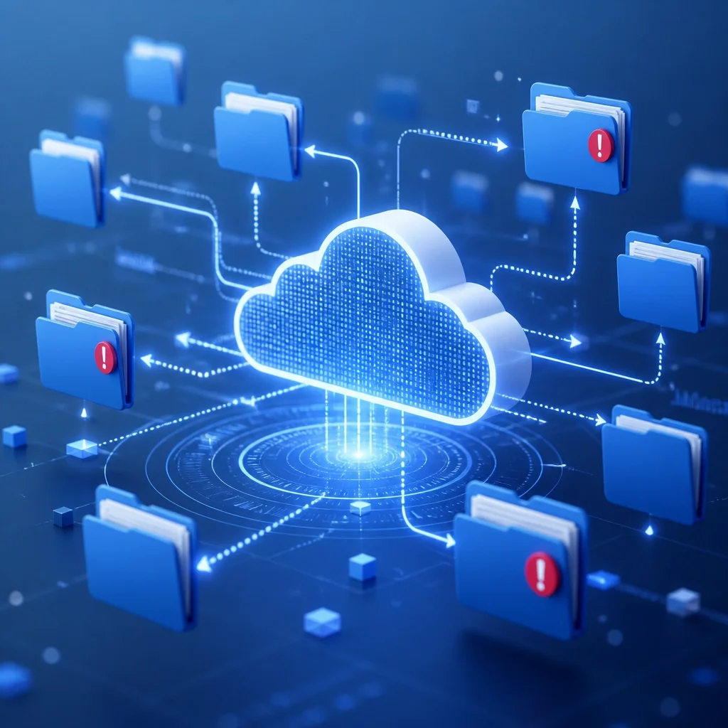 Abstract 3D graphic of cloud storage and digital folders with some showing sync errors.