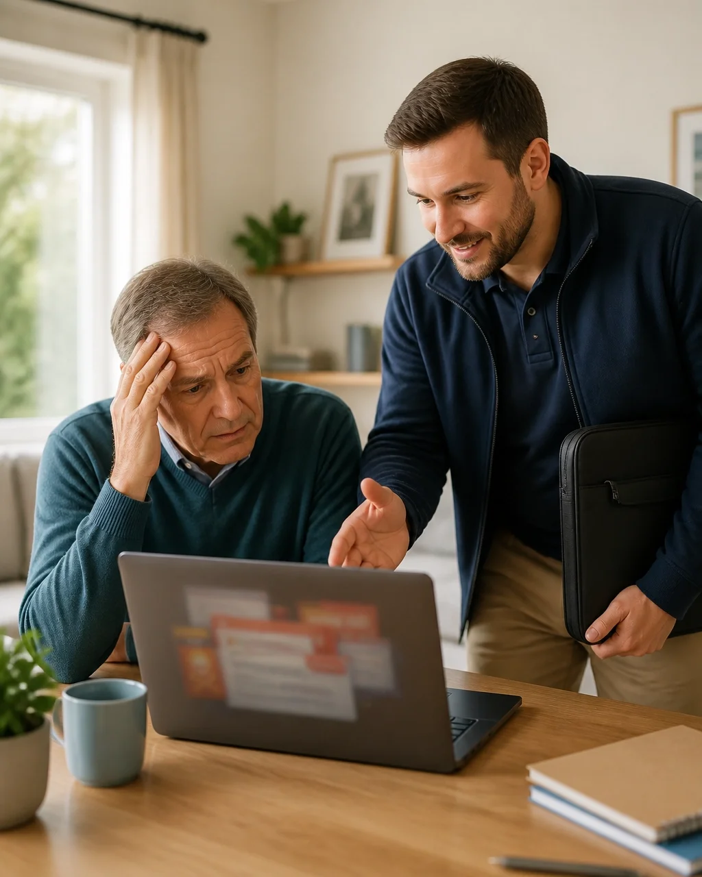 Patient computer technician helping a senior homeowner with a laptop