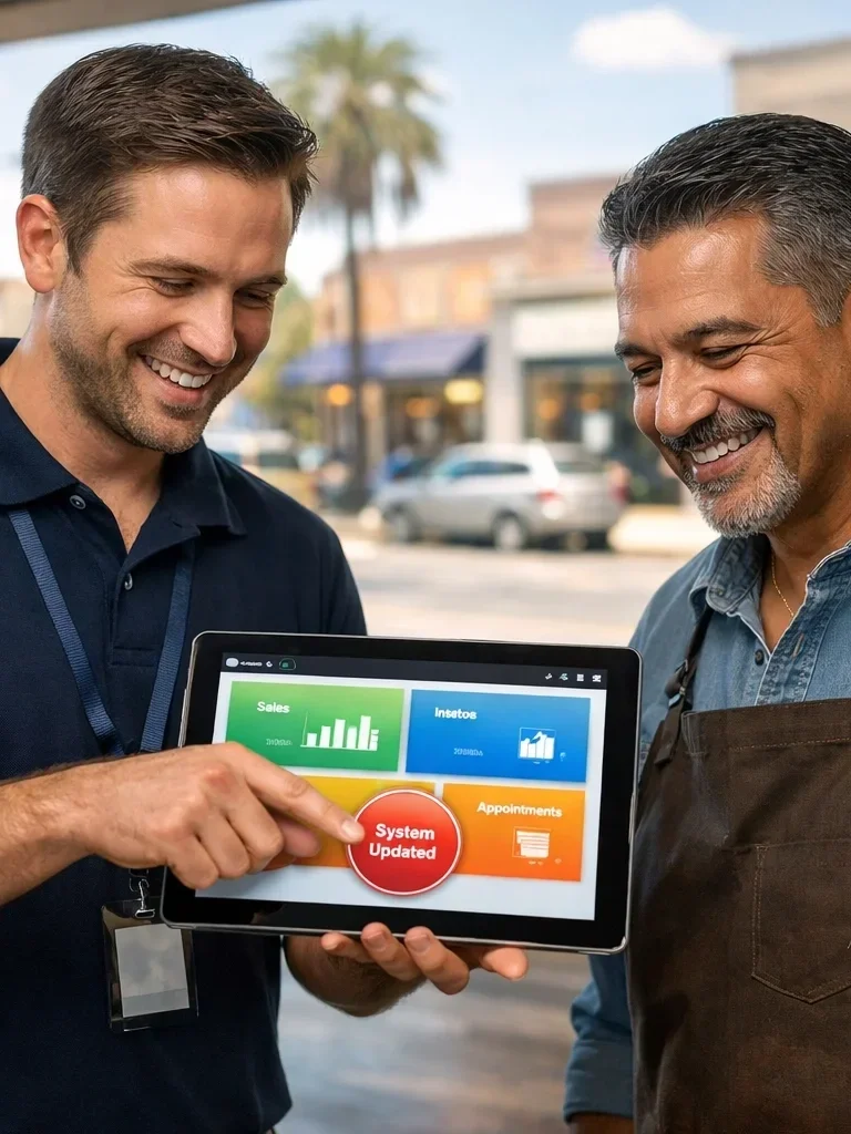 Professional IT expert helping a local business owner set up automated AI workflows on a digital dashboard.