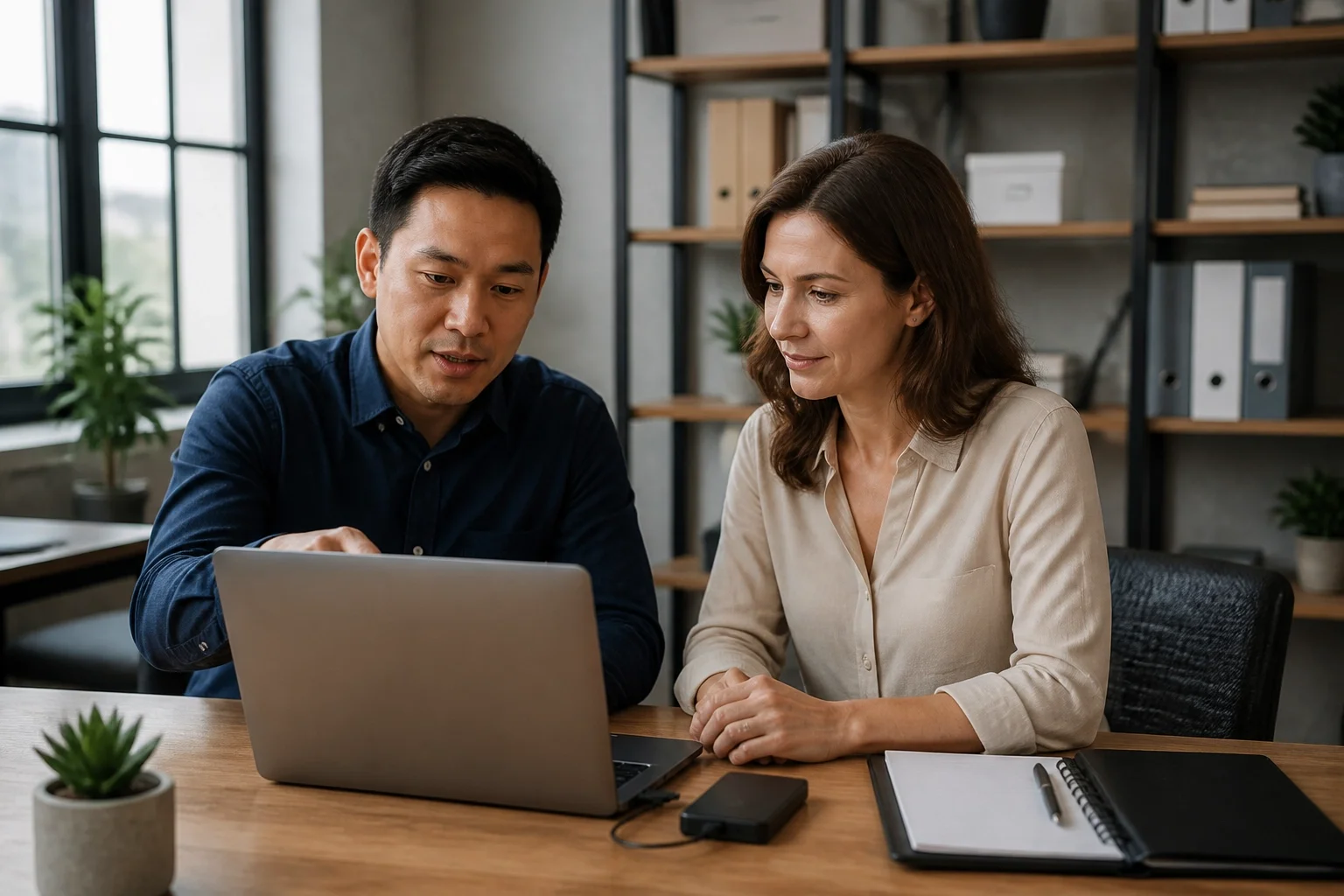 AI-generated image of a consultant helping a small business owner with laptop setup and file migration.
