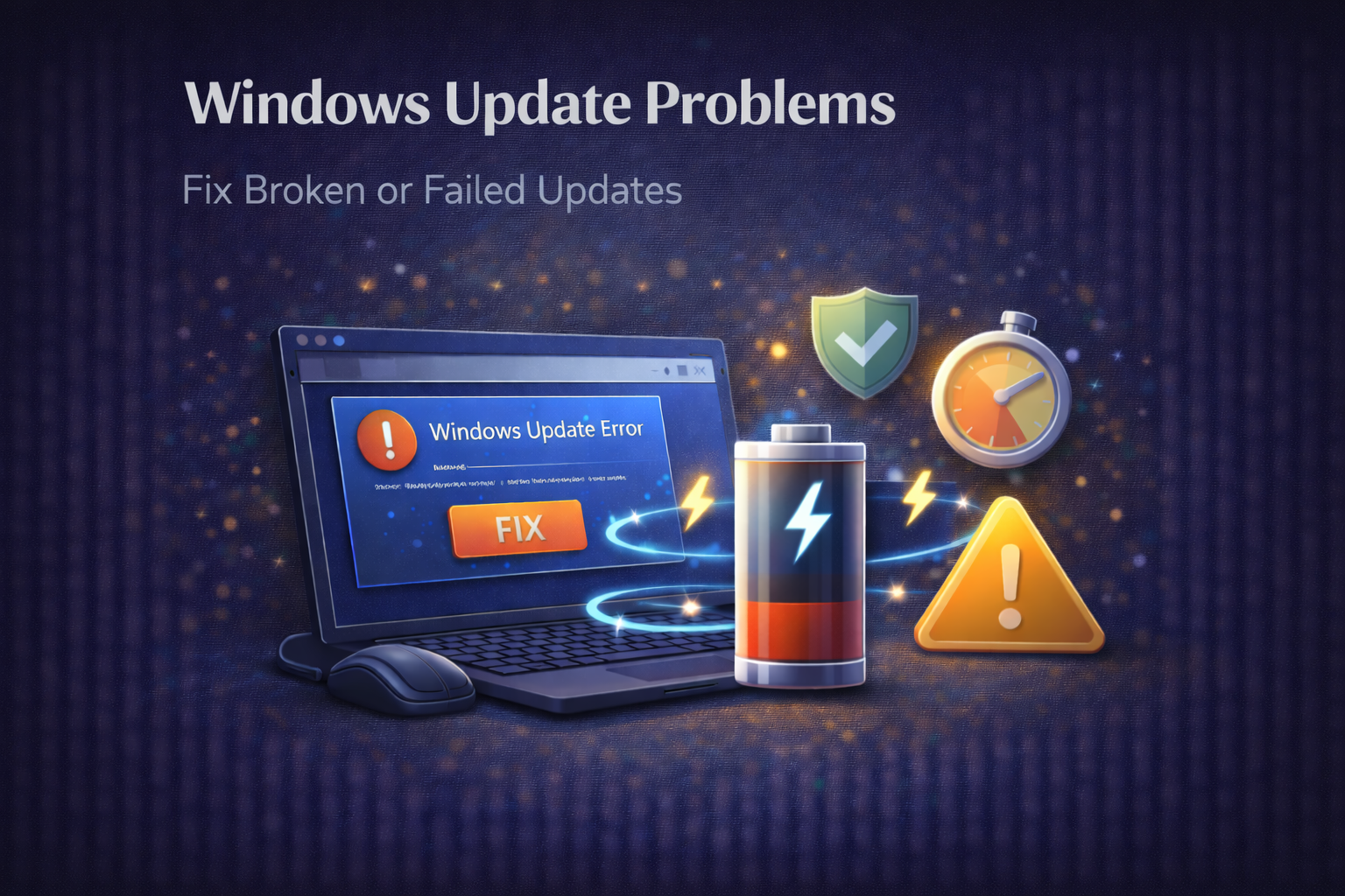 Windows update error illustration showing failed updates, warning icons, and system repair tools