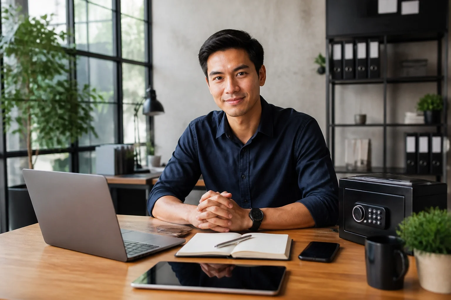 Confident startup owner in an organized office with business technology ready to go.
