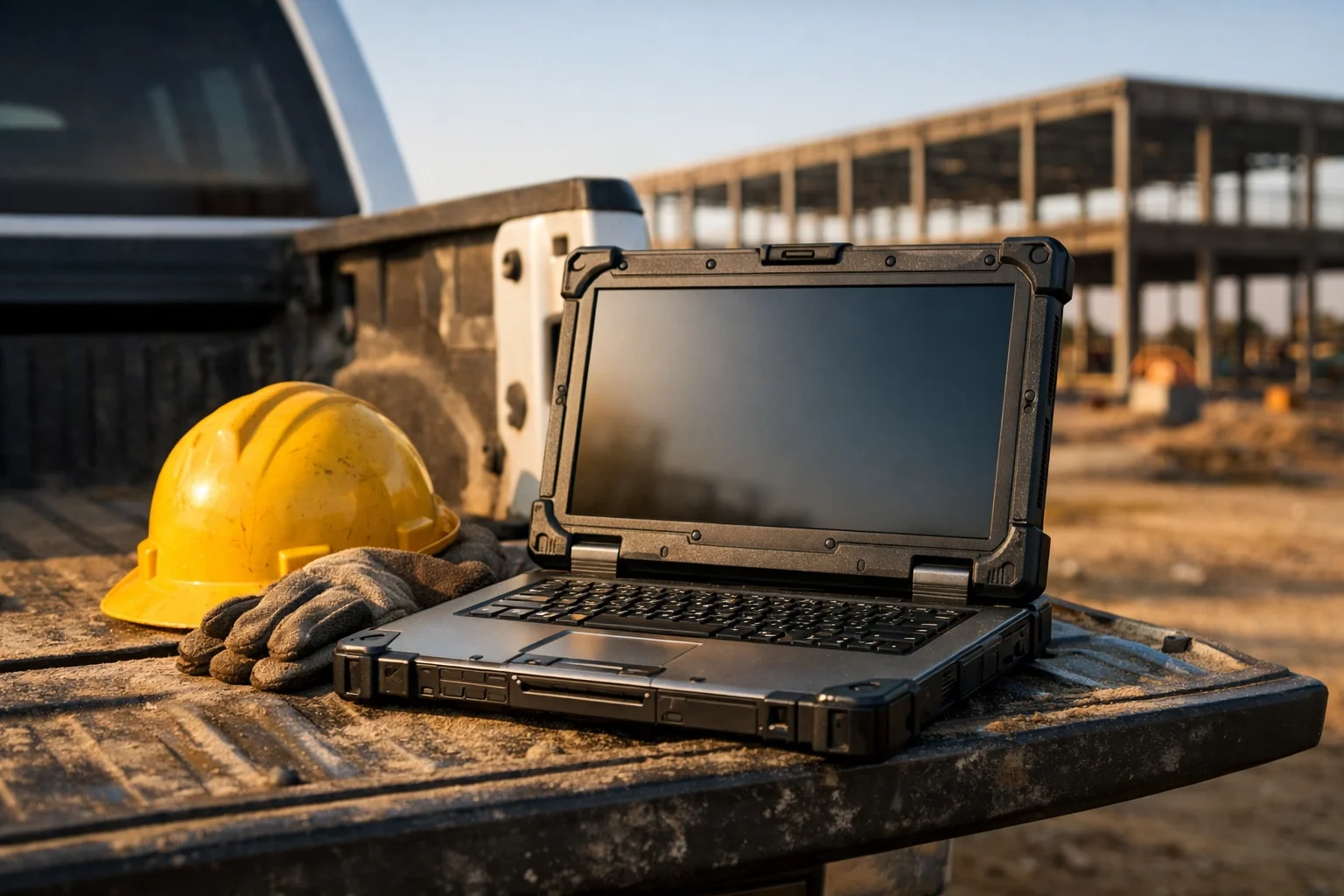 A ruggedized business laptop sitting on a truck tailgate at a construction site in Oakdale, demonstrating durability.