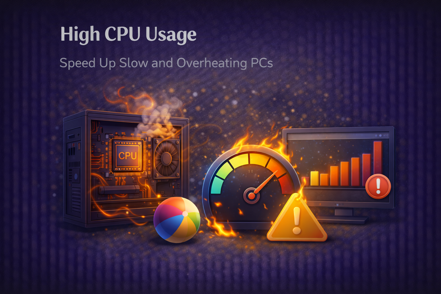 High CPU and memory usage illustration showing system overload, performance graphs, and warning indicators