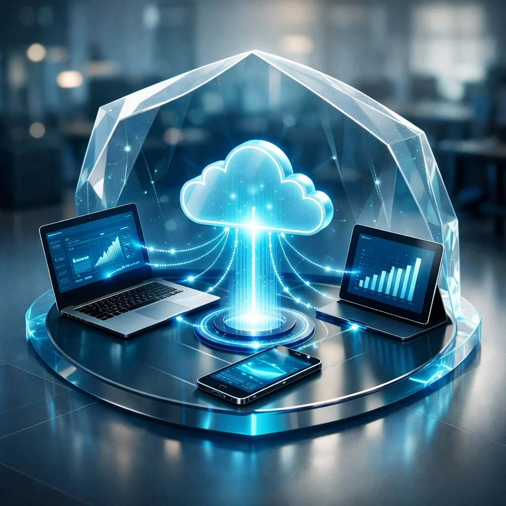 Professional IT support in Modesto showing secure cloud data syncing across business laptops and mobile devices.