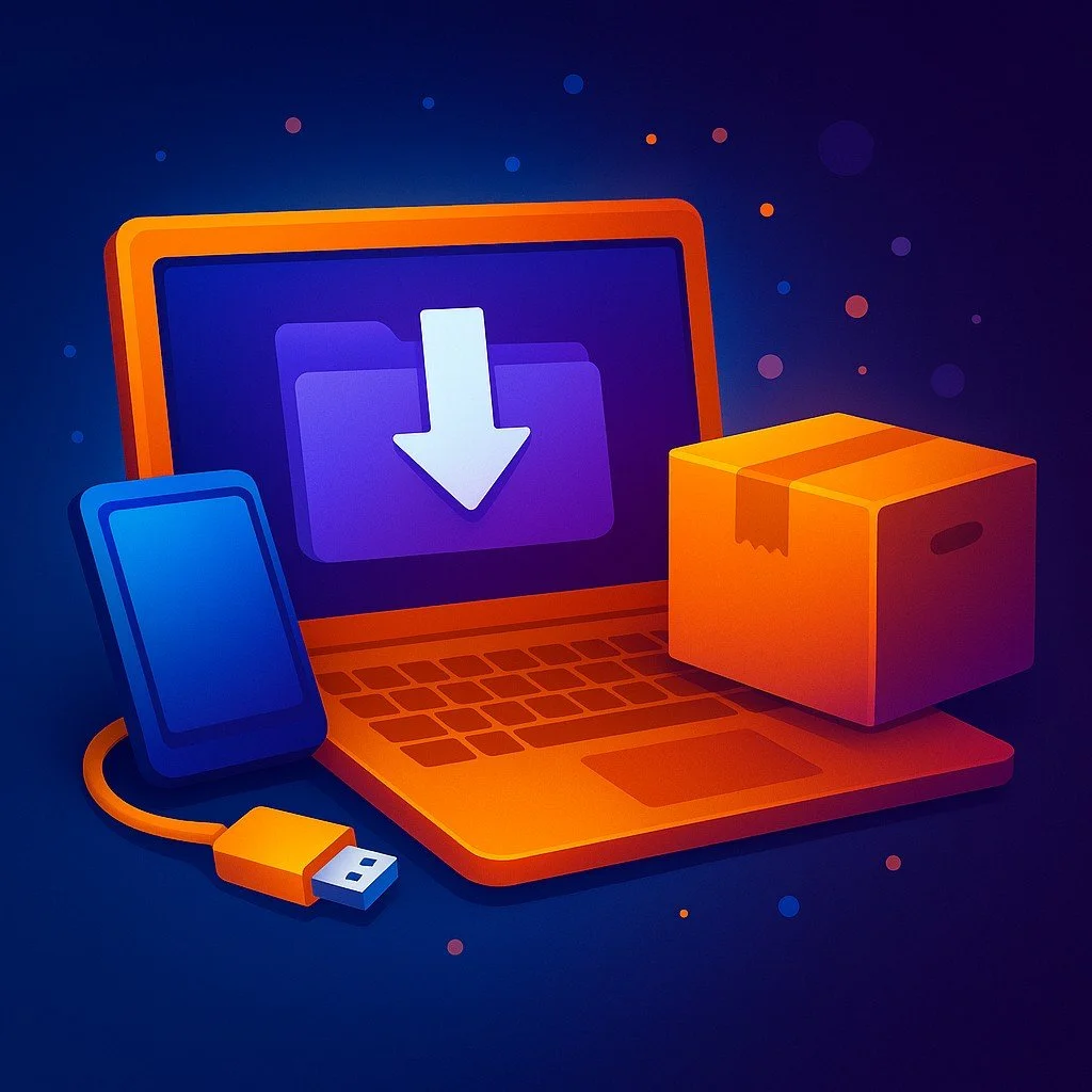 Visual of setting up a new PC with files and data transferring from an old computer, representing new device setup and data migration service.