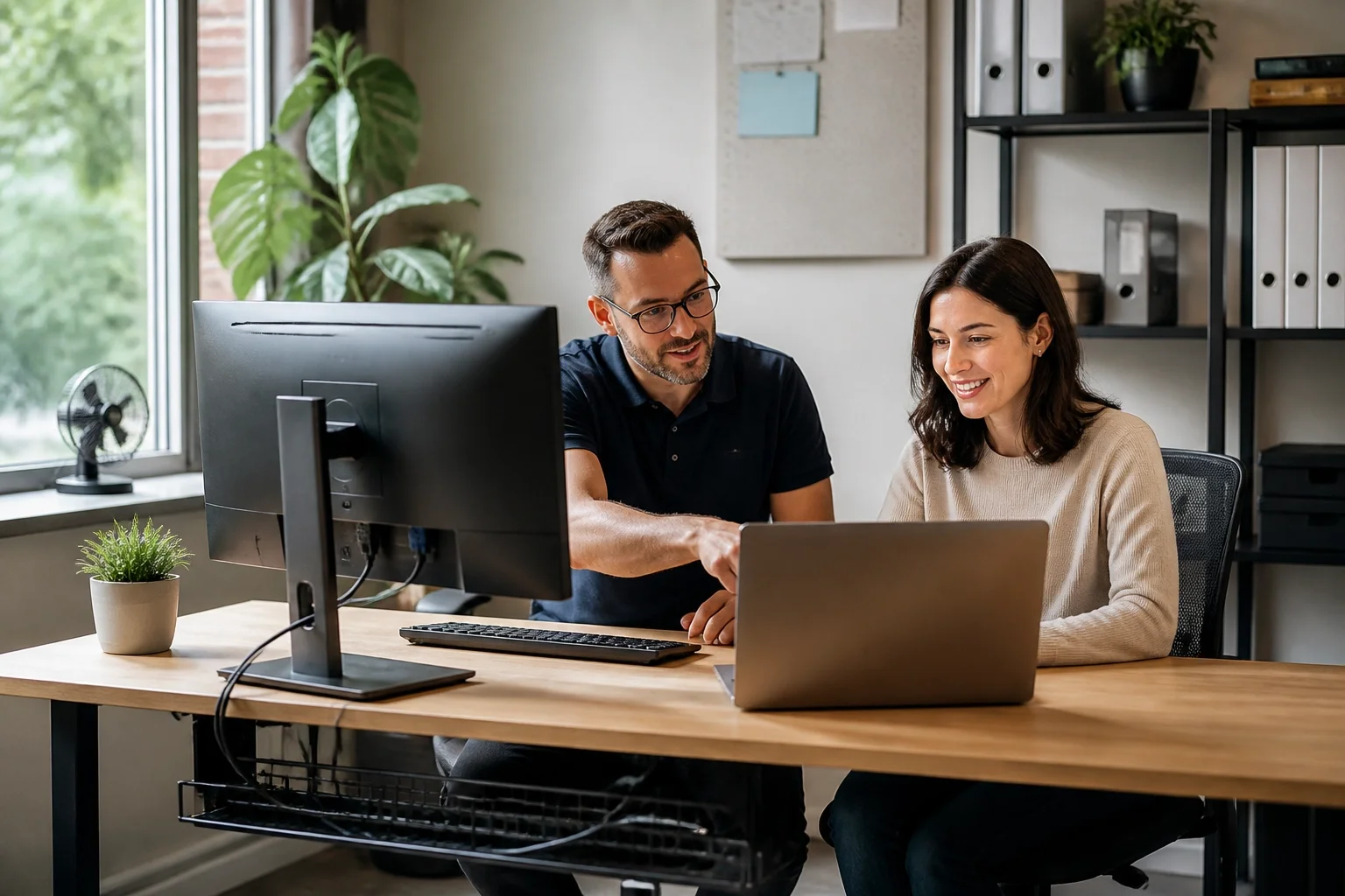 Approachable IT consultant assisting a new business owner in an organized small office workspace.