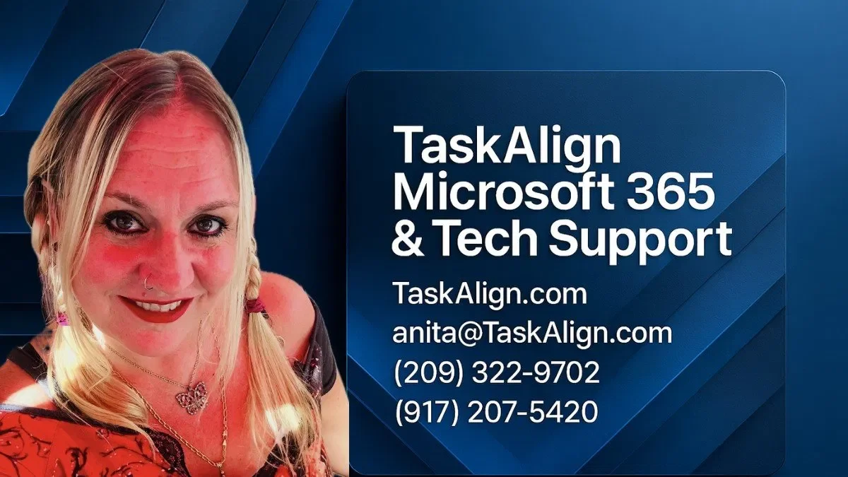 A friendly professional woman representing TaskAlign support with contact details on a blue geometric background.