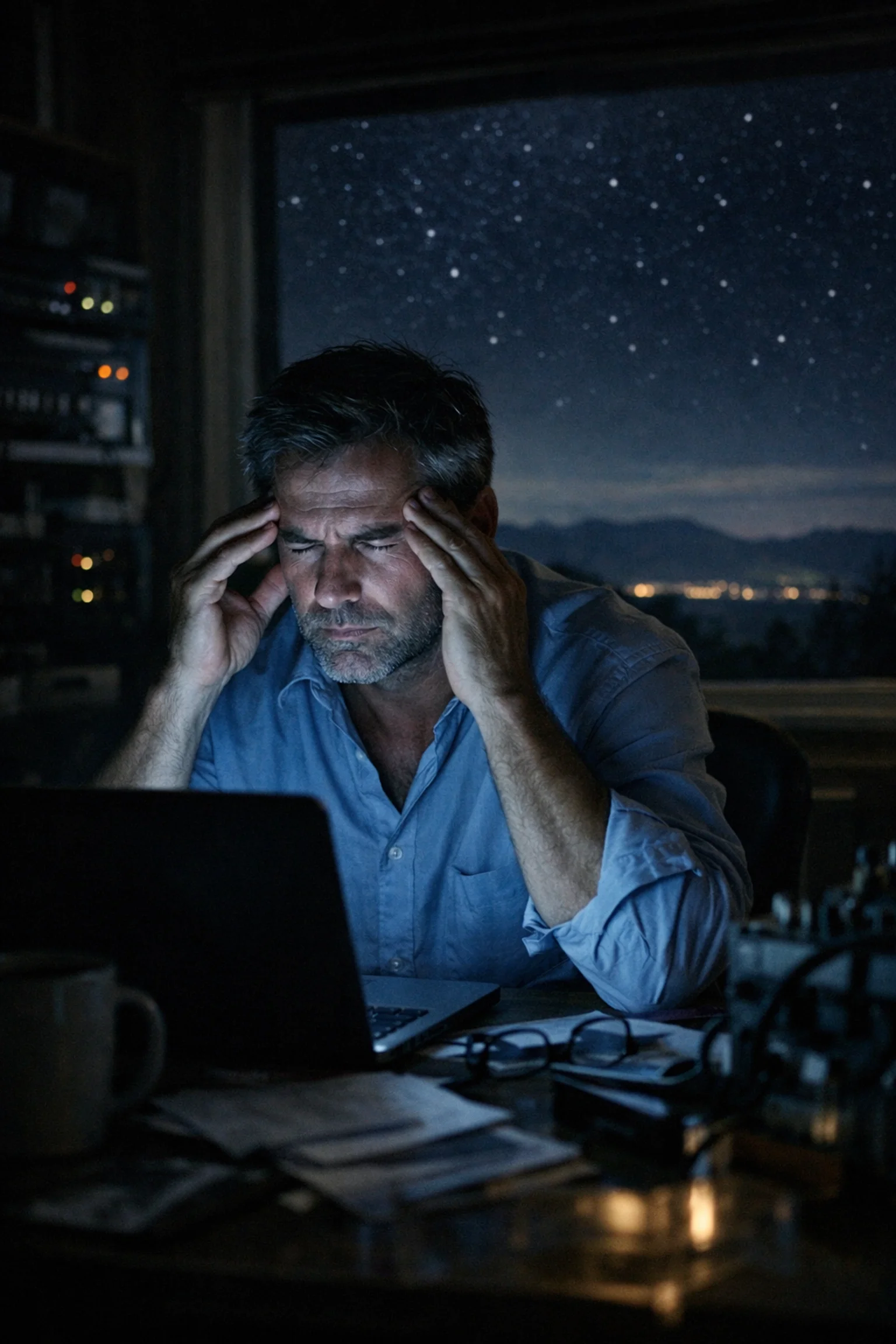 Stressed business owner in Central Valley struggling with a DIY Microsoft 365 setup at night.