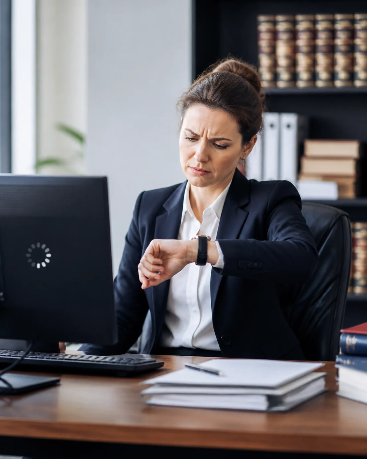 A professional woman in a business suit looking frustrated at a frozen computer screen in a modern office.