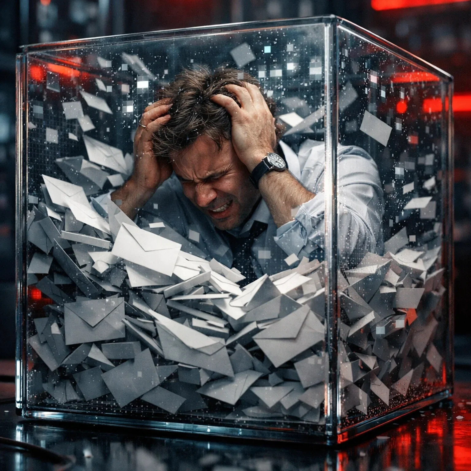 Professional trapped by a full Yahoo Mail 20GB storage limit in a high-tech business office.
