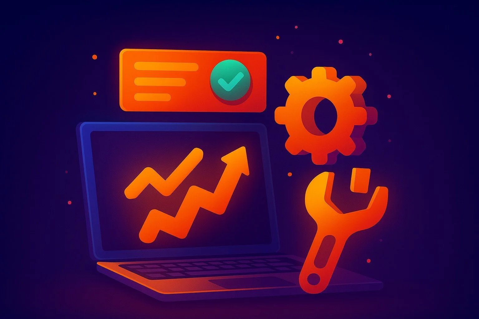 Digital illustration of a computer tune-up showing a slow PC being optimized with tools, representing junk file cleanup and performance boosting.
