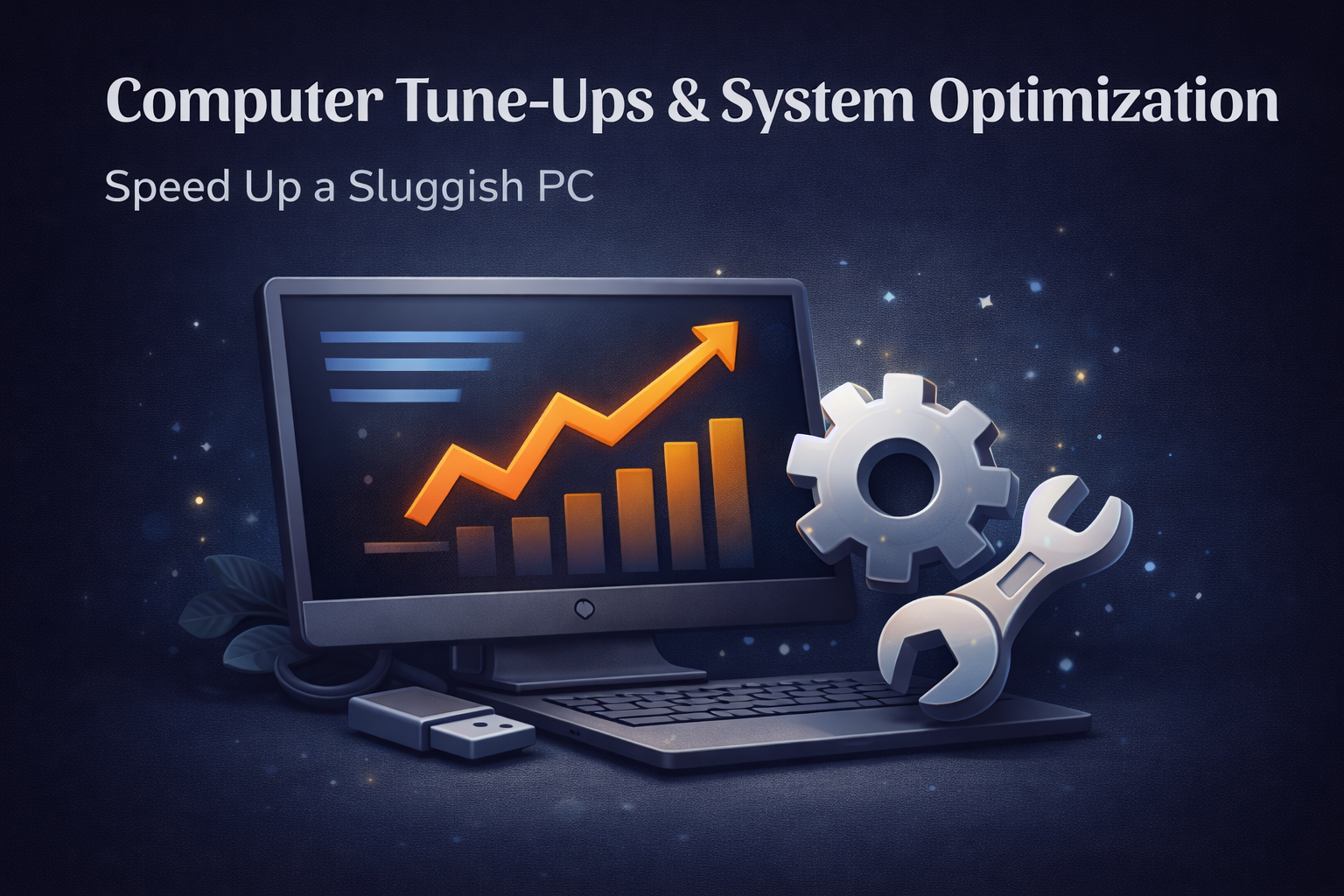 Computer performance optimization illustration with system monitor, gears, and performance improvement graphics
