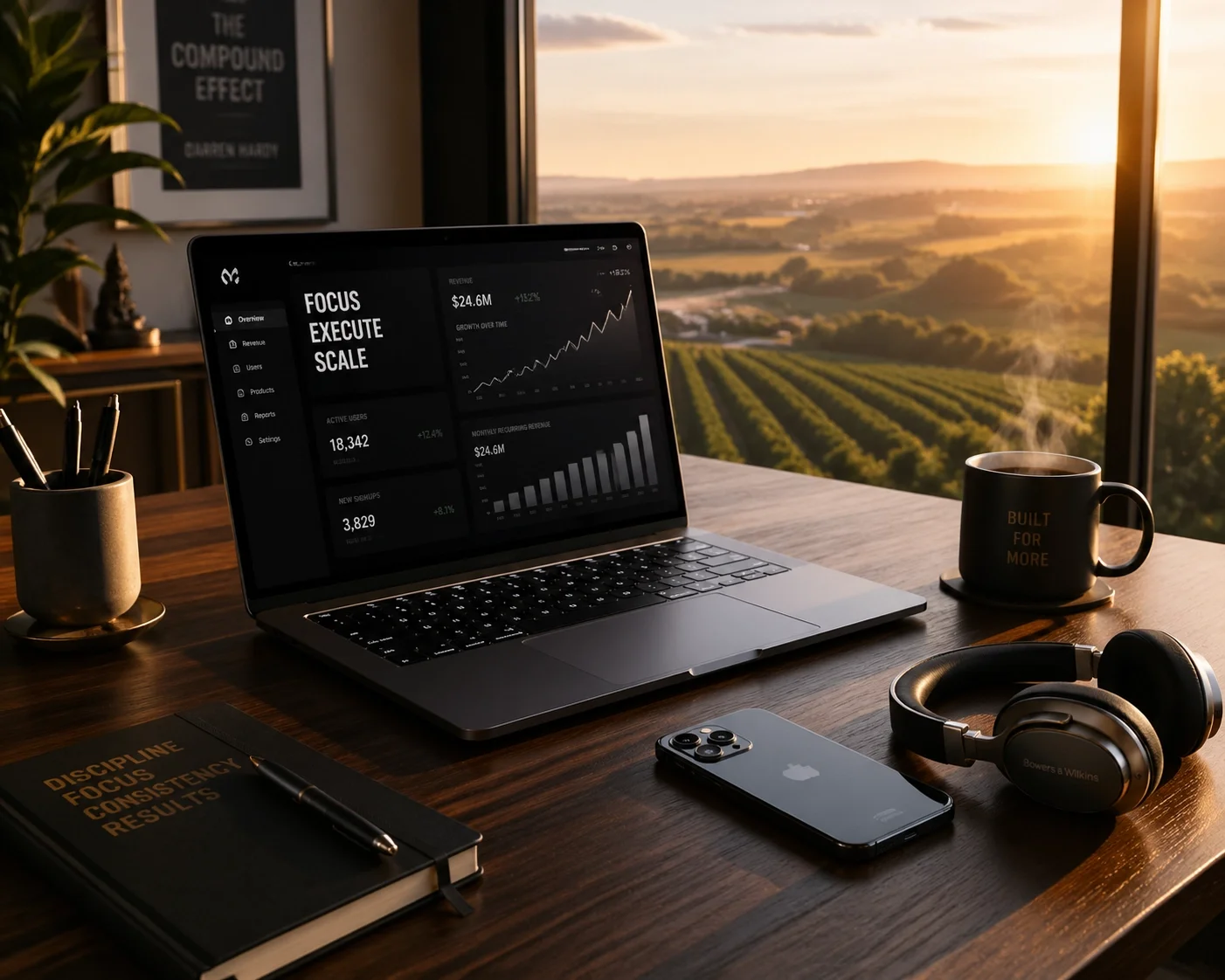 A high-performance business laptop and workspace setup for a solo founder.