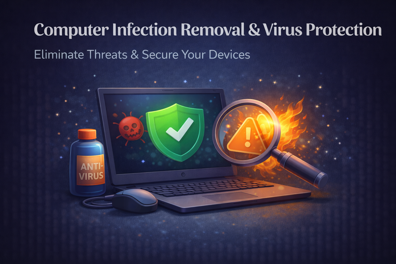 Computer virus removal illustration with security shield, malware warning icons, and system protection graphics