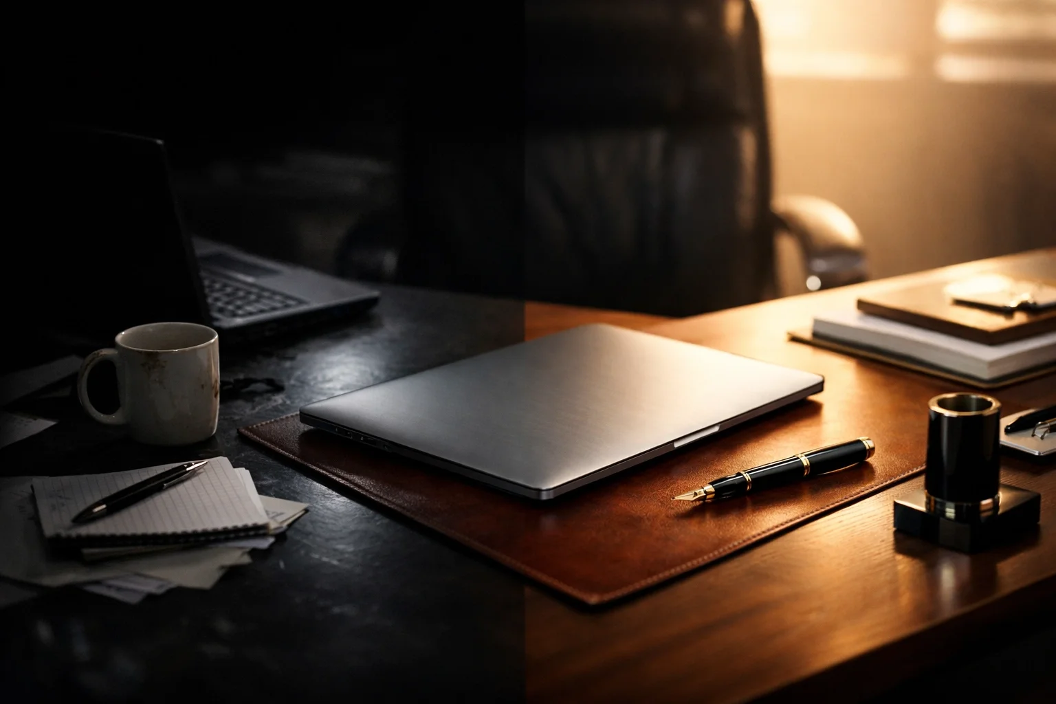 Professional and amateur office desks contrasting business credibility and branded email importance.