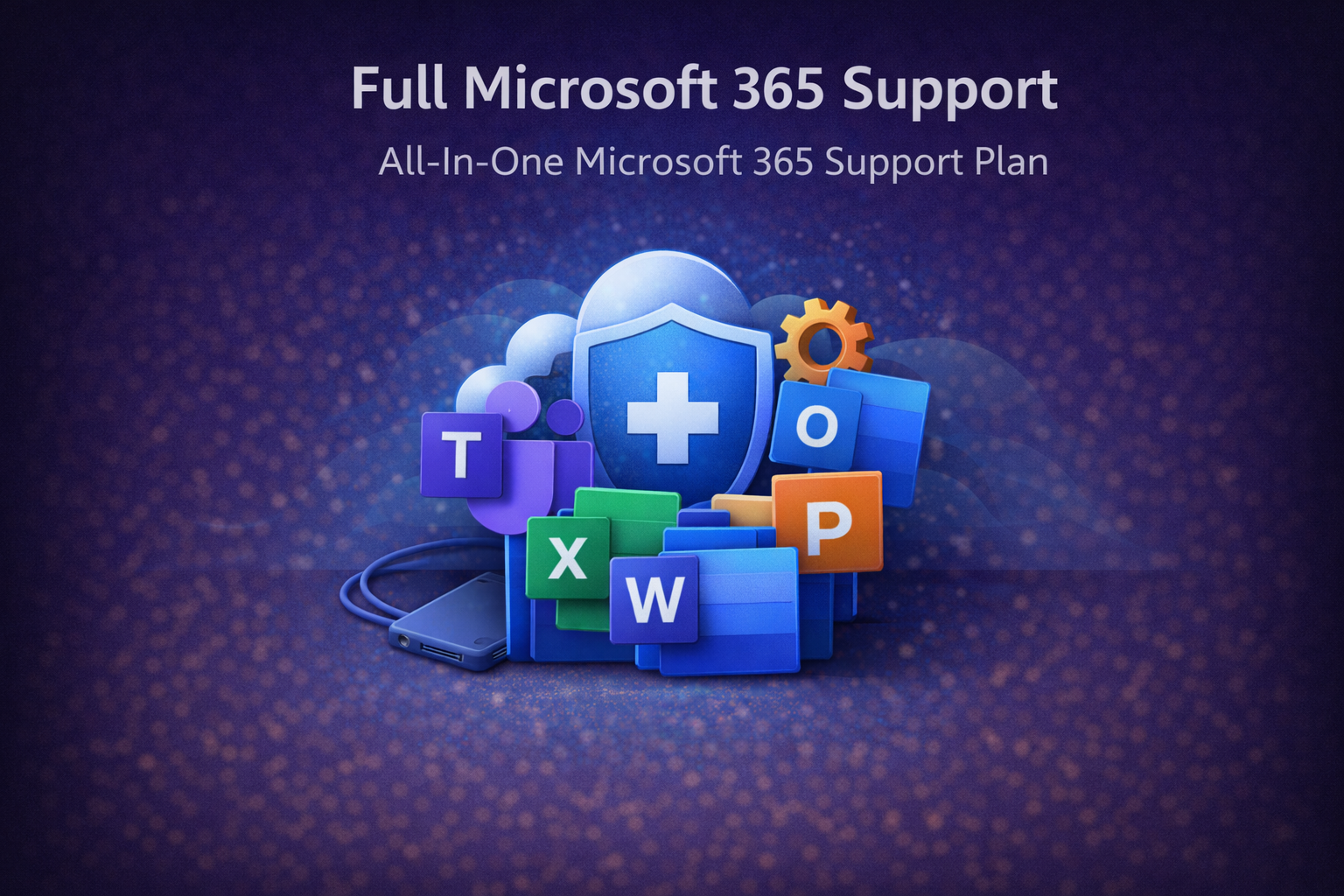 Microsoft 365 support illustration showing integrated Outlook, OneDrive, Teams, SharePoint, and Office apps