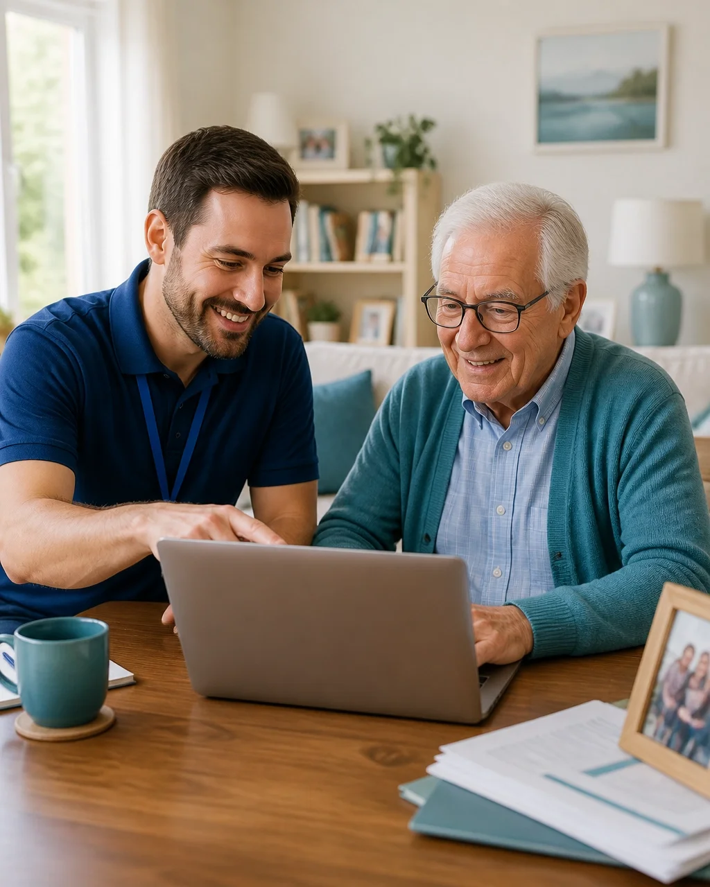 Local computer technician helping a worried homeowner with alarming computer popups