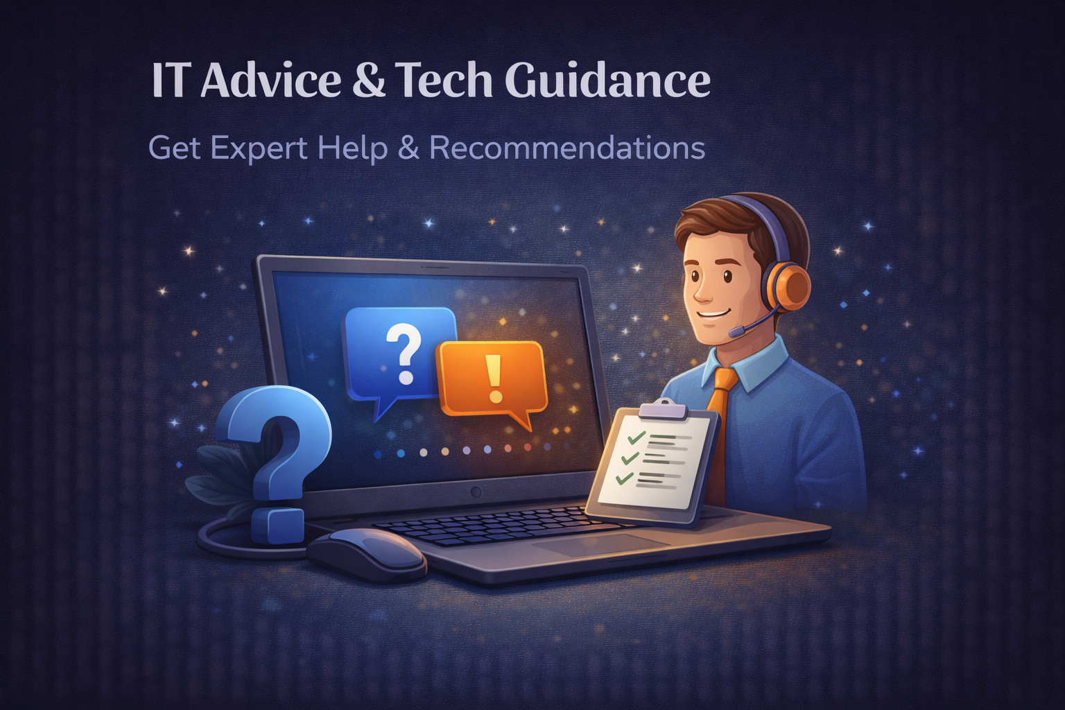 IT advice and technical guidance illustration showing professional support, questions, and technology recommendations