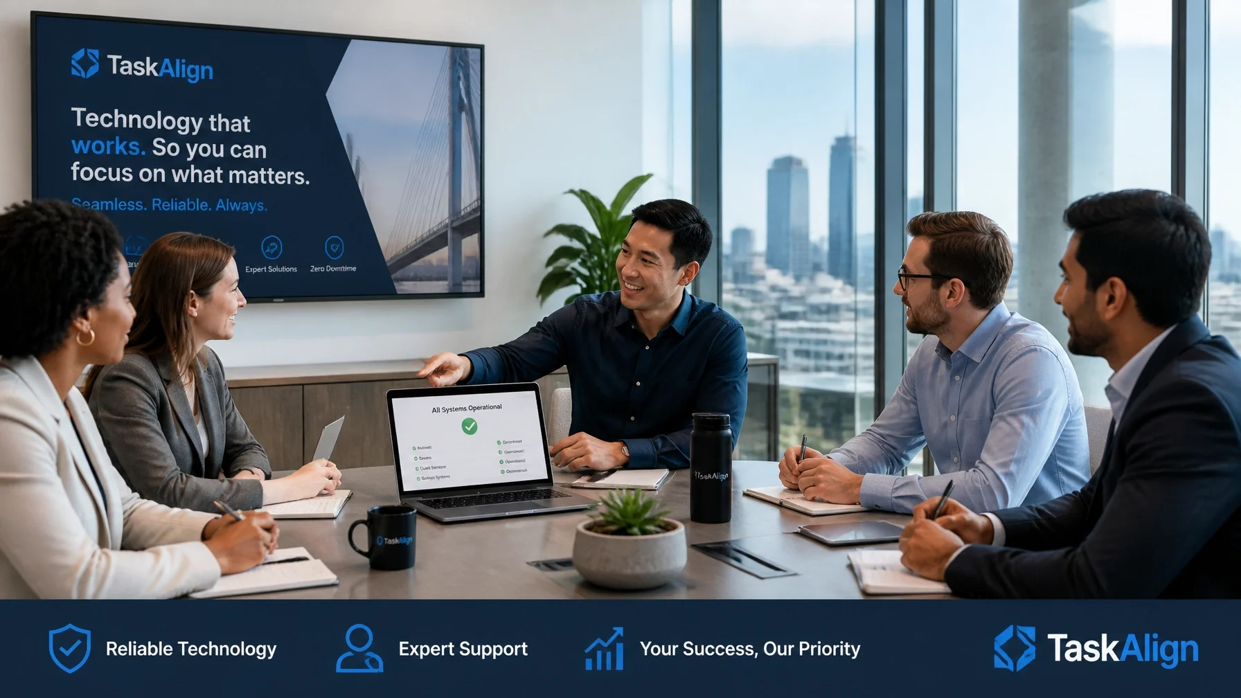 A group of diverse professionals having a successful meeting with seamless technology.
