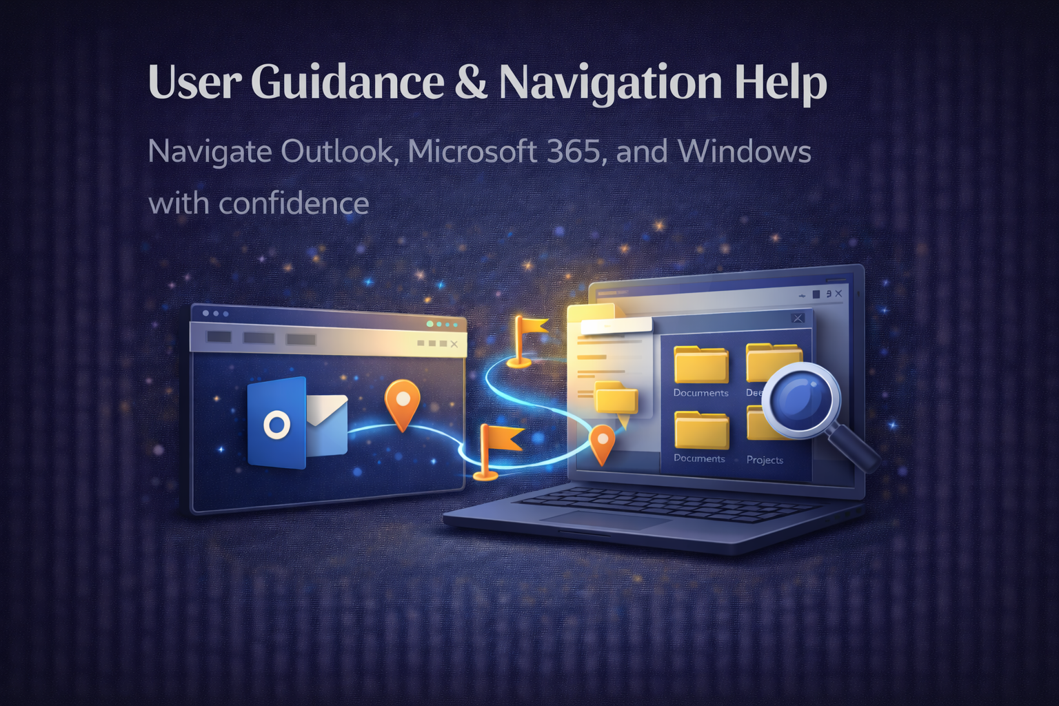 Microsoft 365 and Windows navigation guidance illustration showing file folders, email, and system navigation icons