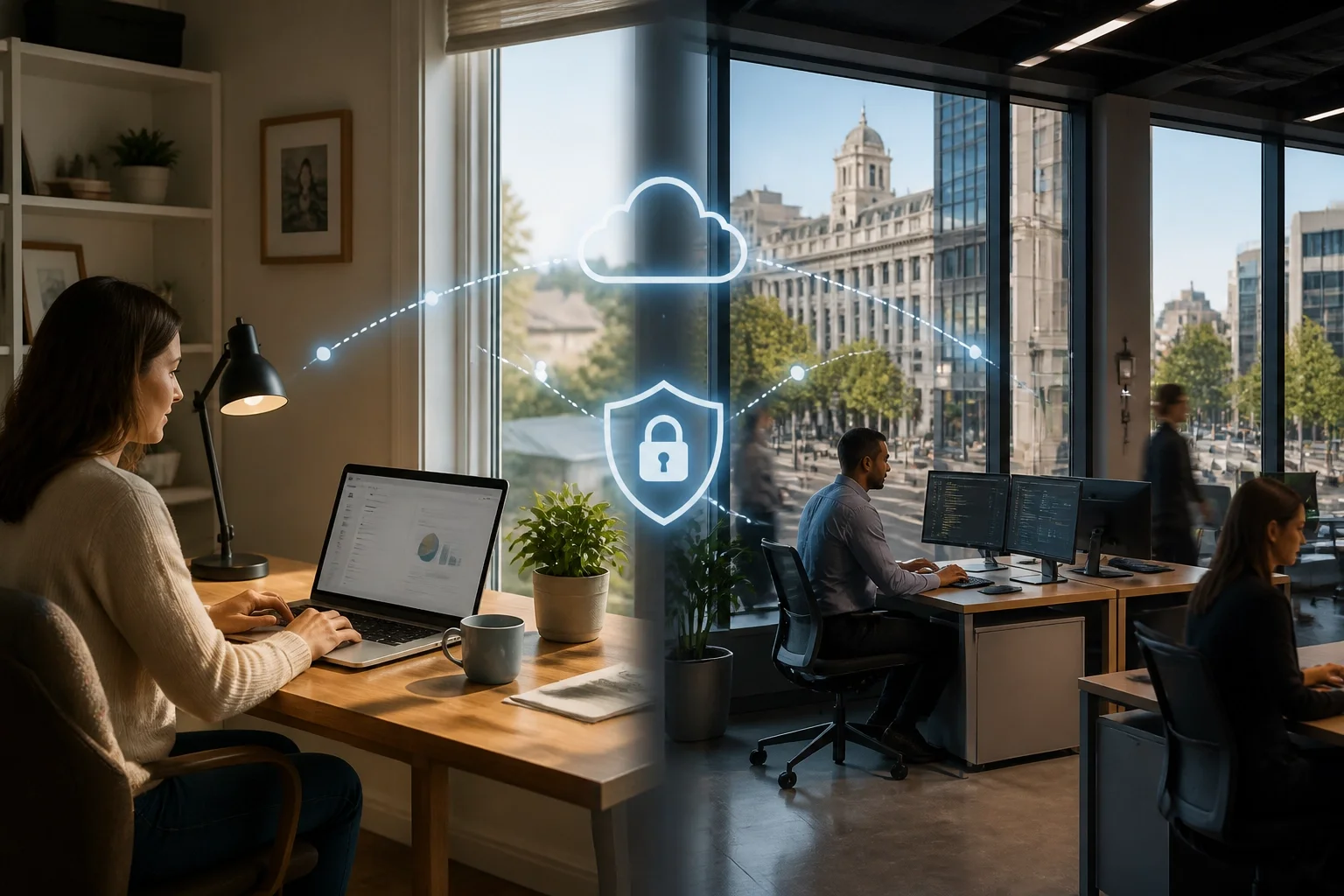 Secure hybrid IT connection between a home office and a professional downtown Modesto office space. A modern professional setting representing the business environment in downtown Modesto and Stockton.