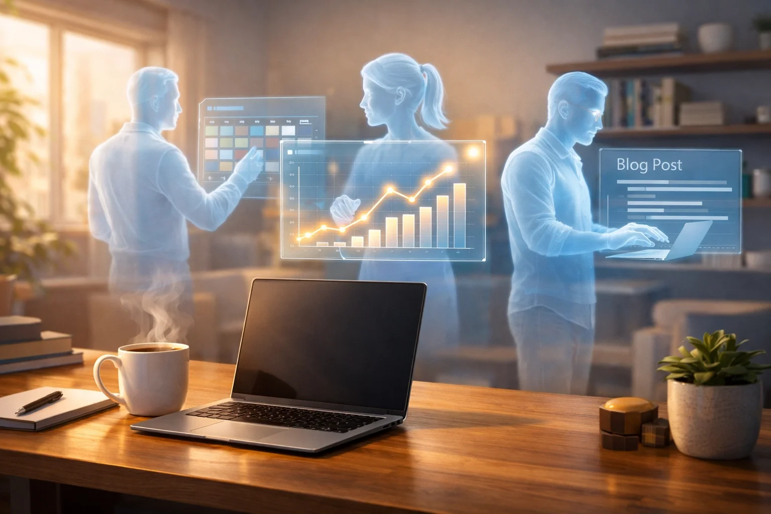 Specialized AI assistants managing sales charts and content creation in an automated small business office.