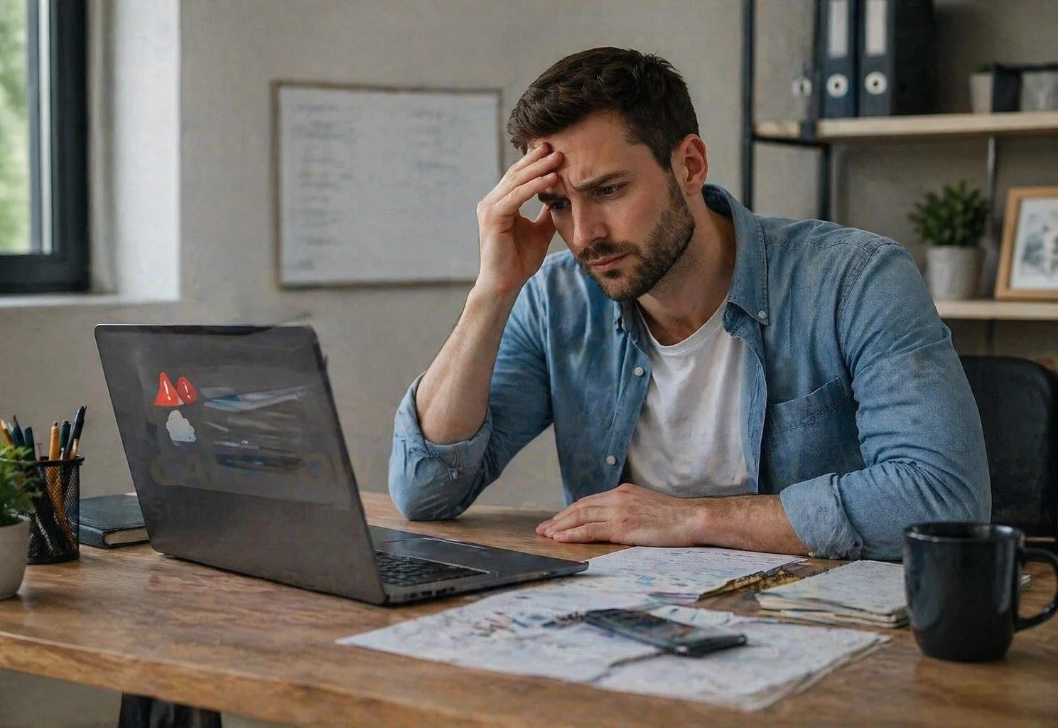 A frustrated business owner dealing with a laptop sync error.