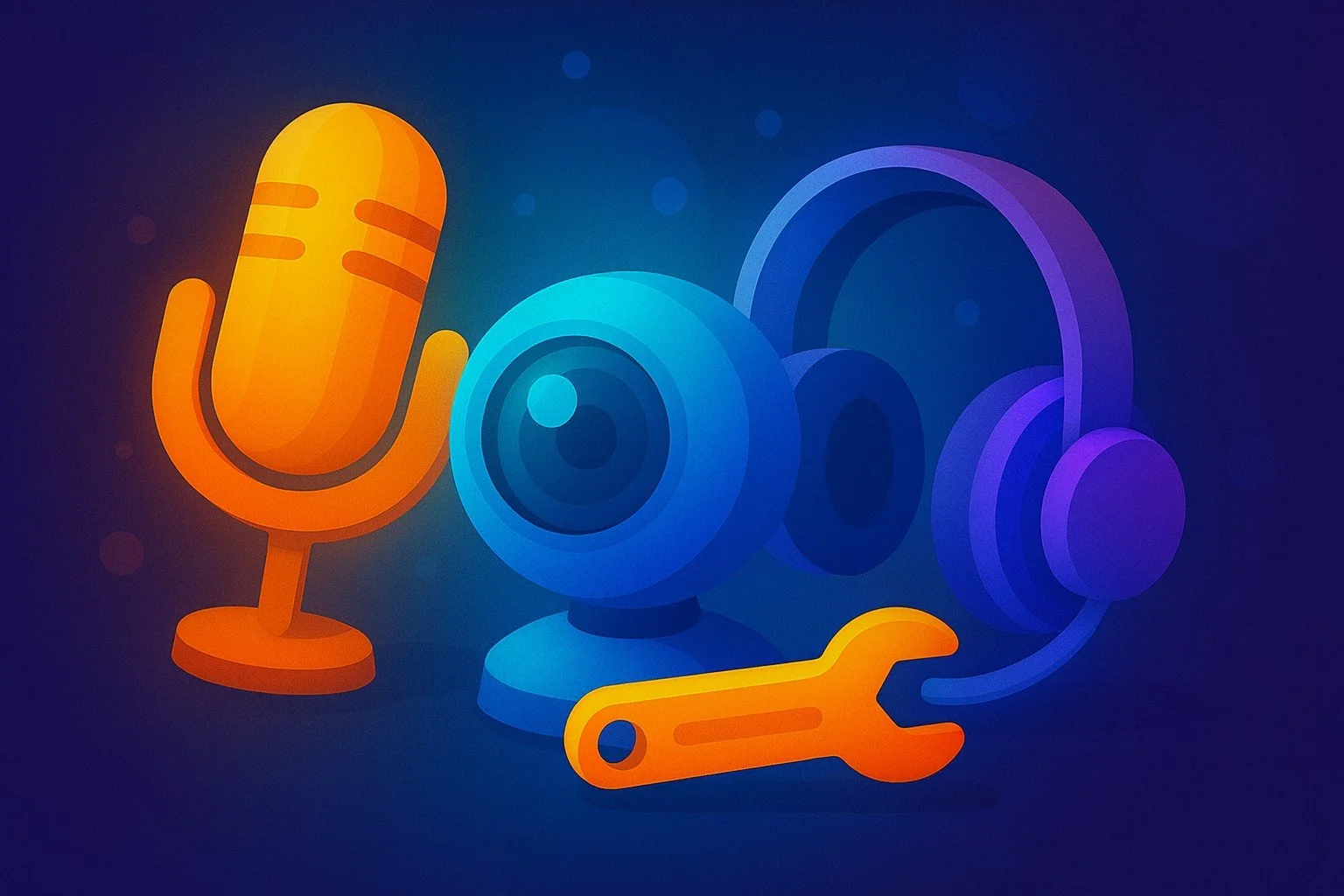 Illustration of webcam, microphone, and device icons representing remote troubleshooting for Zoom, Teams, and audio/video issues by TaskAlign in Oakdale, CA