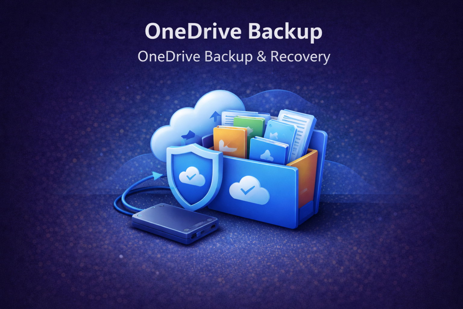 OneDrive backup and recovery illustration showing cloud file protection and document synchronization