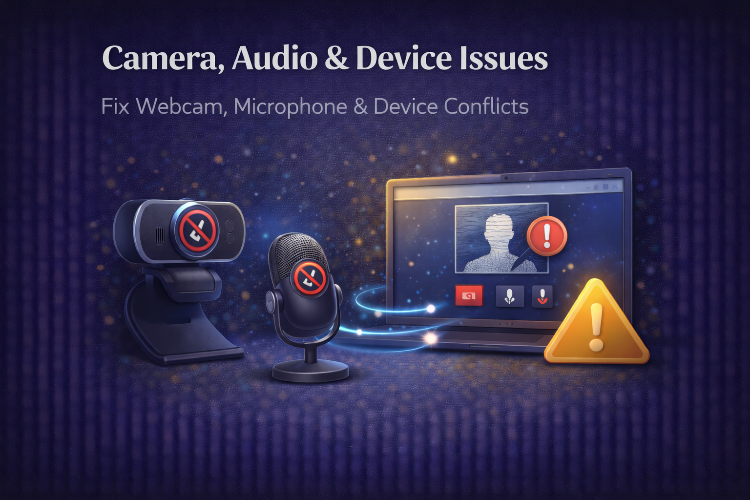Webcam and microphone troubleshooting illustration showing device conflicts and meeting issues