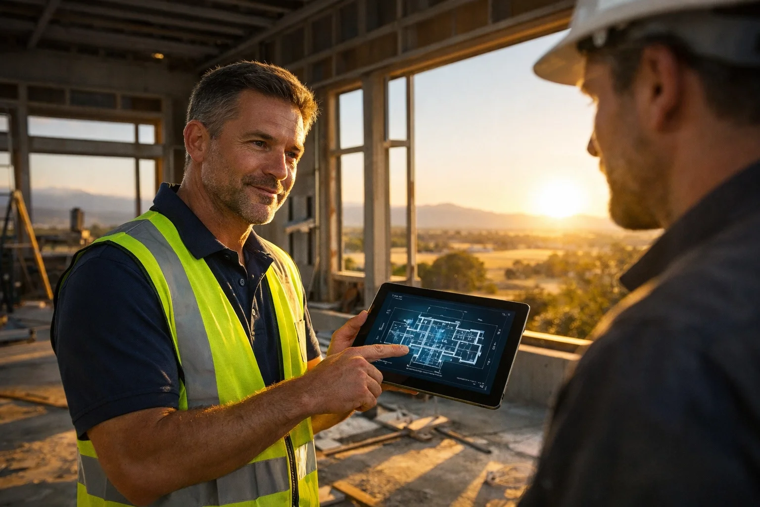 A construction supervisor in Stockton using a tablet to sync digital blueprints with the home office using Microsoft 365.
