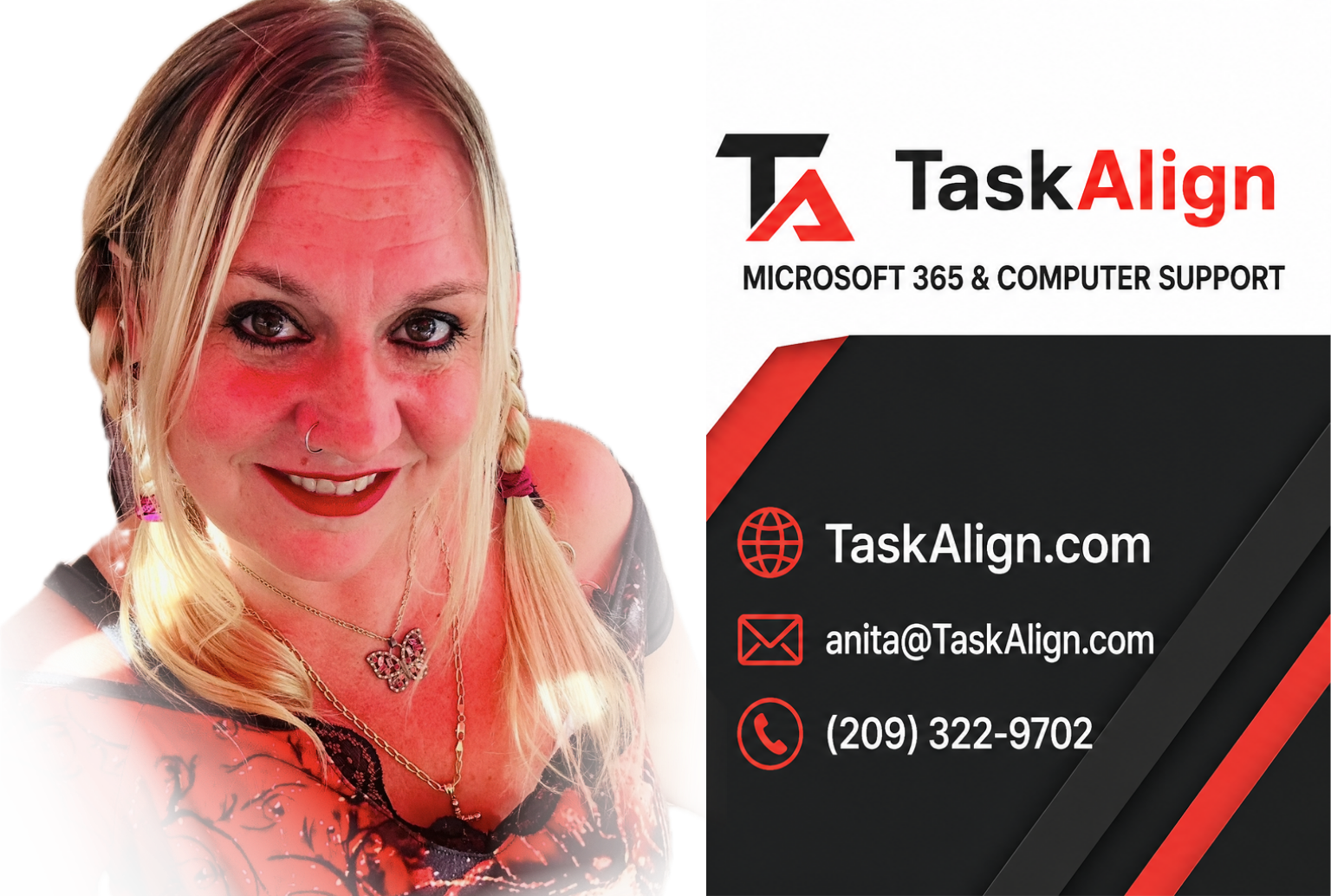 A friendly professional woman representing TaskAlign support with contact details on a blue geometric background.