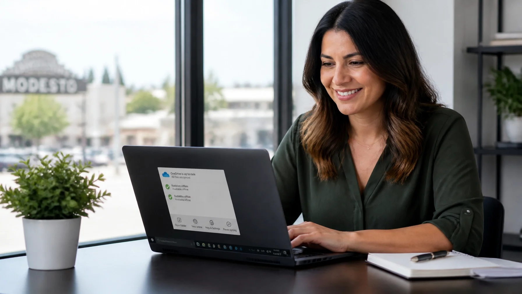 A small business owner in Modesto successfully resolving OneDrive sync errors on a Windows laptop with professional IT support.