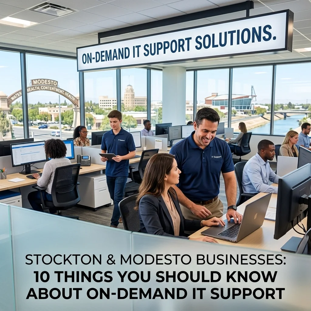 A professional hero image titled Looking For On-Demand IT Support? 10 Things Stockton and Modesto Businesses Should Know.
