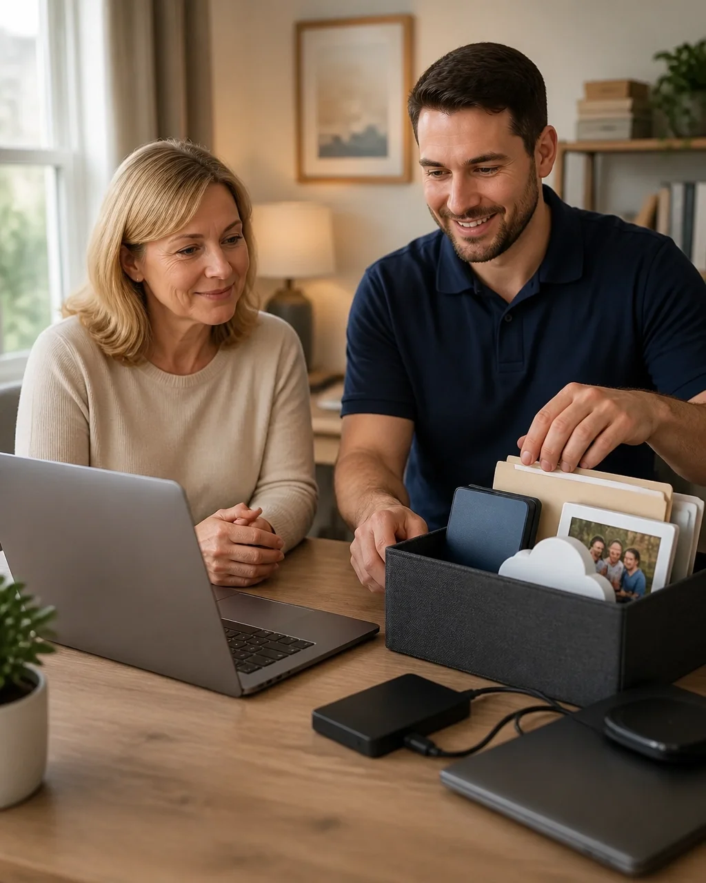 Technician helping a homeowner set up a new computer and transfer personal files
