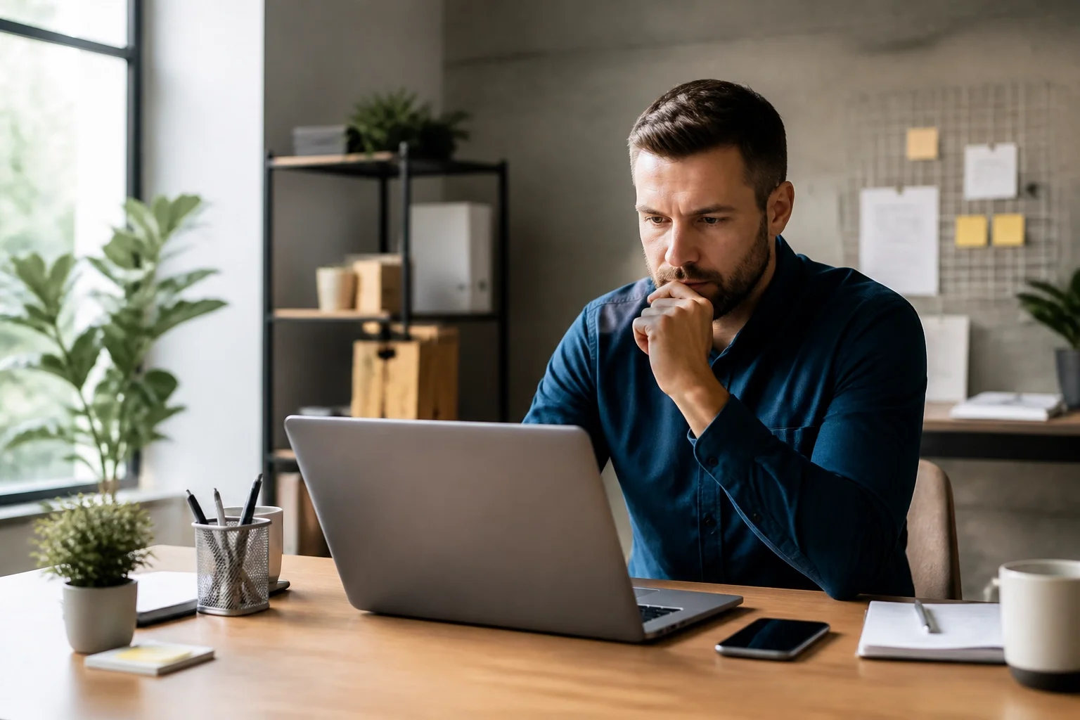 Solo entrepreneur in a modern office checking a professional business email account on a laptop.
