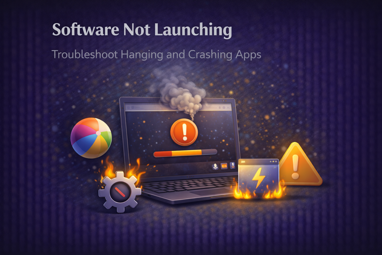 Application error illustration showing software failing to open with warning symbols and system tools