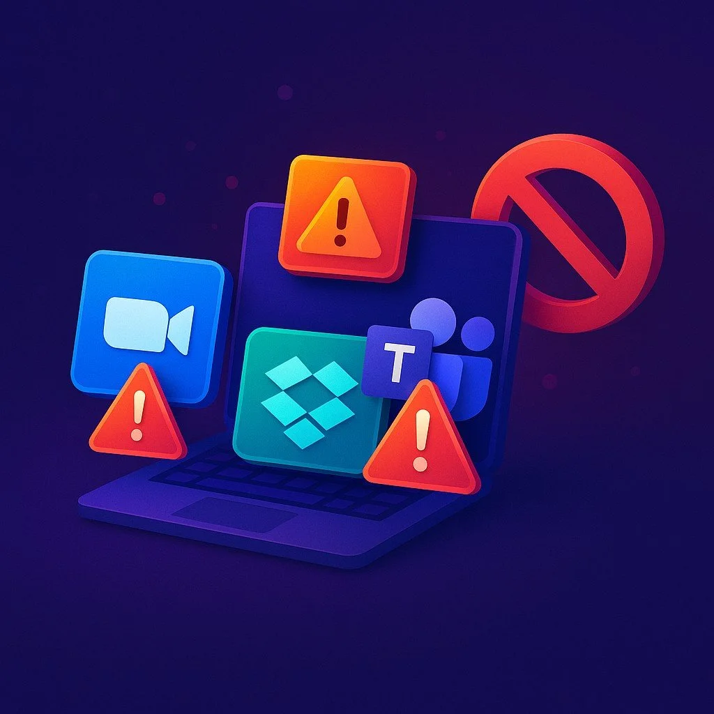 Digital illustration of a laptop screen with error icons and a warning popup, symbolizing software not launching or crashing — representing TaskAlign's remote repair services for Zoom, Dropbox, Teams, and other apps.