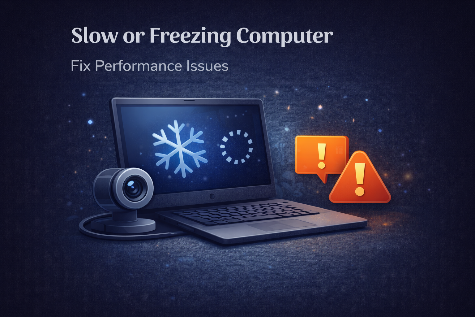 Slow computer troubleshooting illustration showing frozen screen, warning symbols, and performance issues