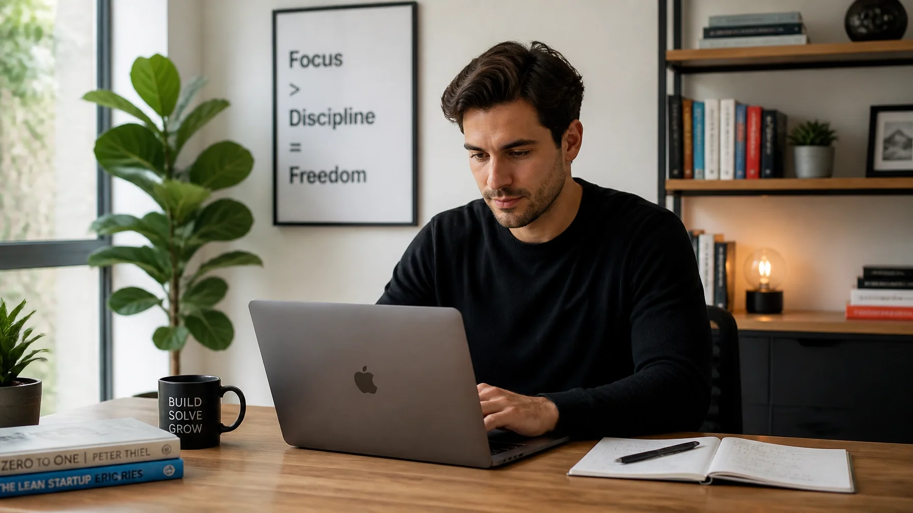 Solo founder working on a business laptop at a clean wooden desk