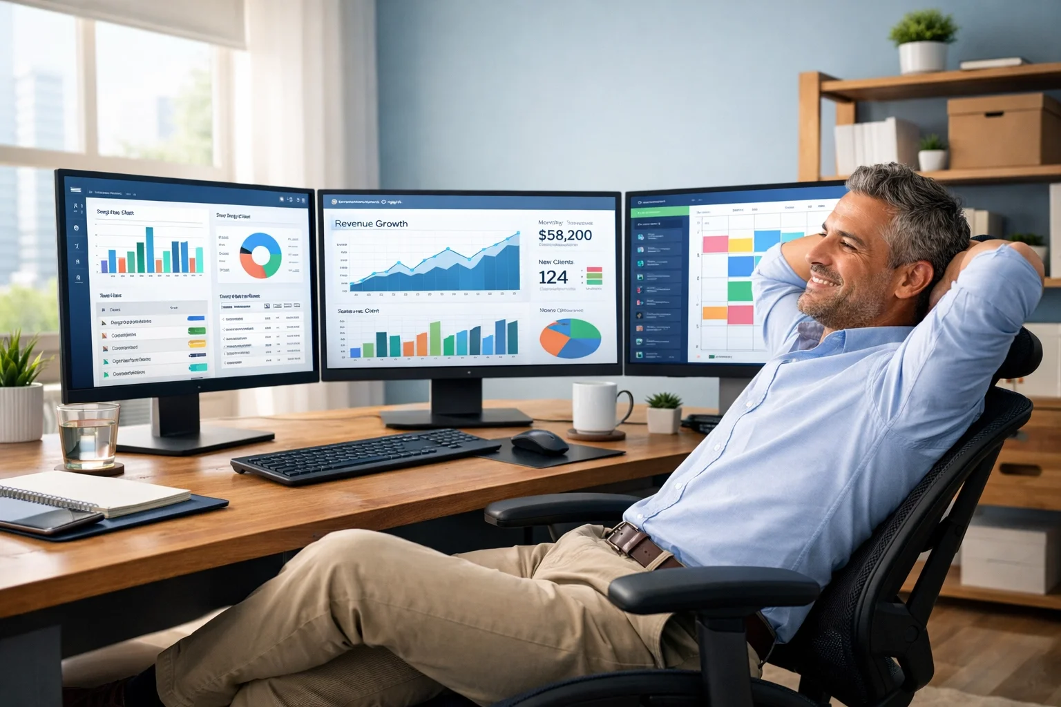 A relaxed business owner enjoying a synced office setup thanks to professional on-demand computer support.