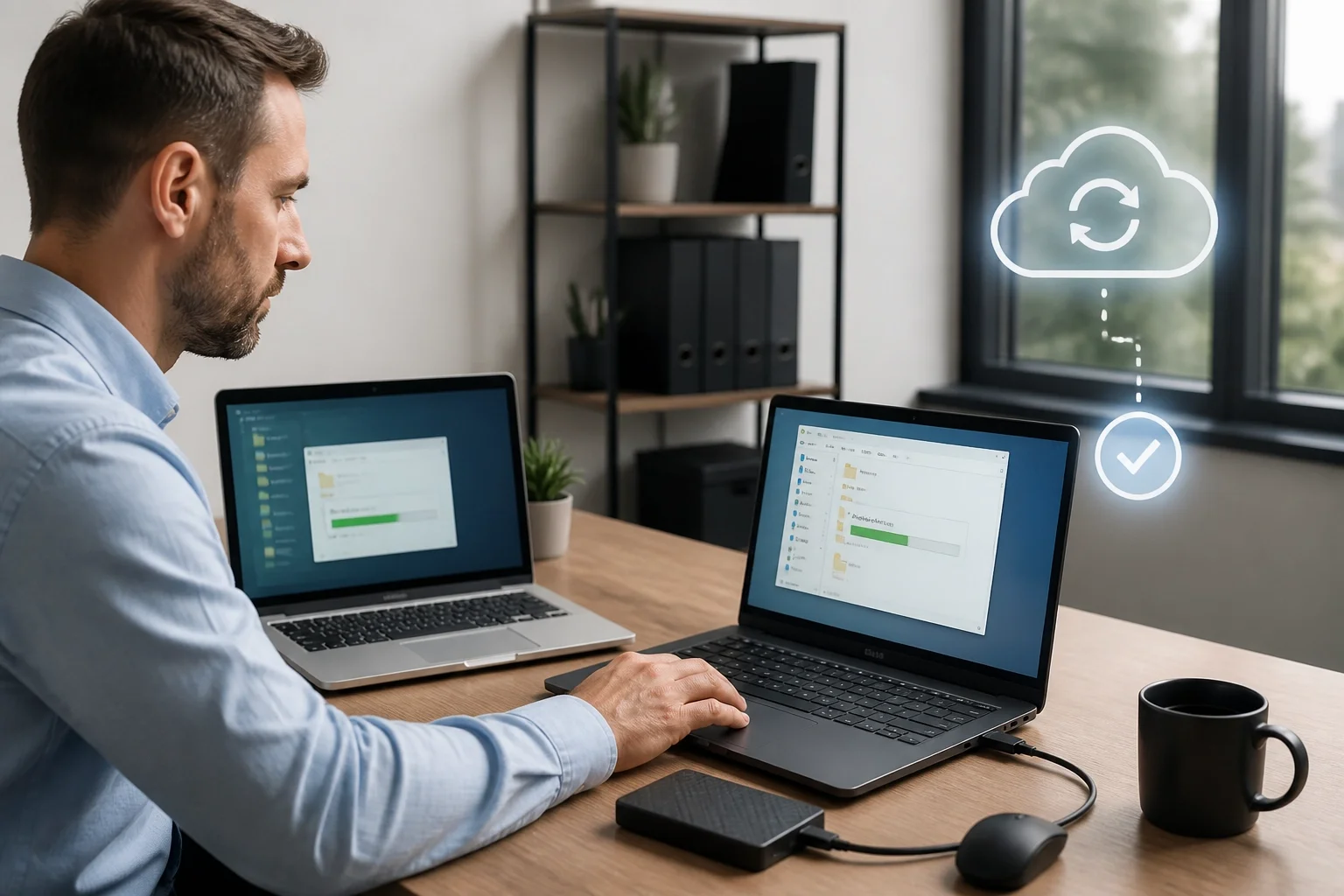 AI-generated image of secure file migration from an old laptop to a new business laptop in an organized workspace.