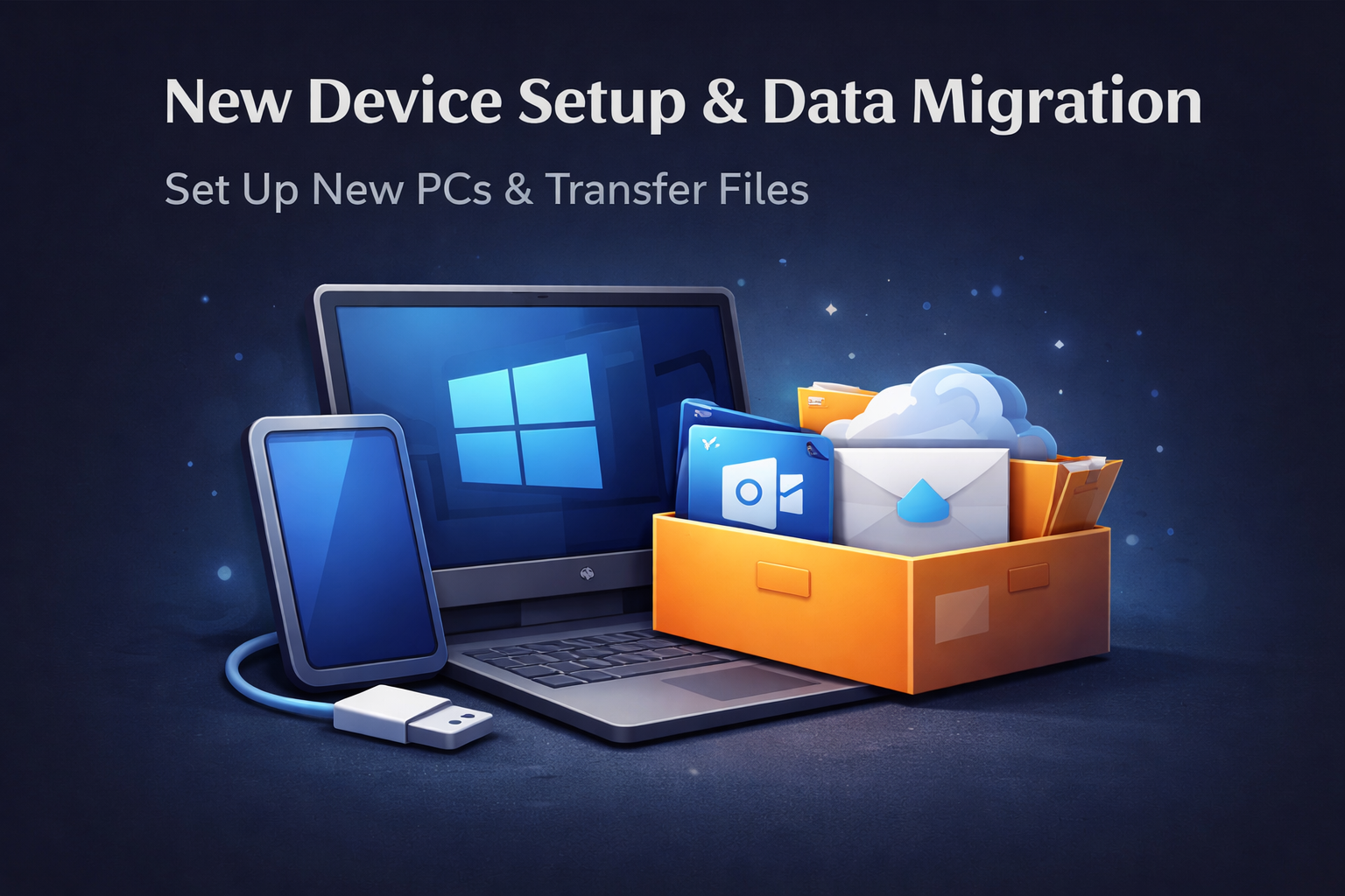 New computer setup illustration showing laptop, files, and devices being transferred for business data migration