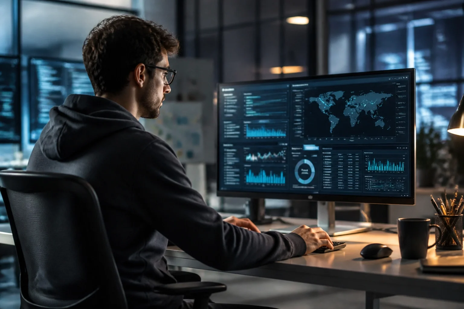 IT professional analyzing security logs and monitoring dashboards on a modern computer screen.