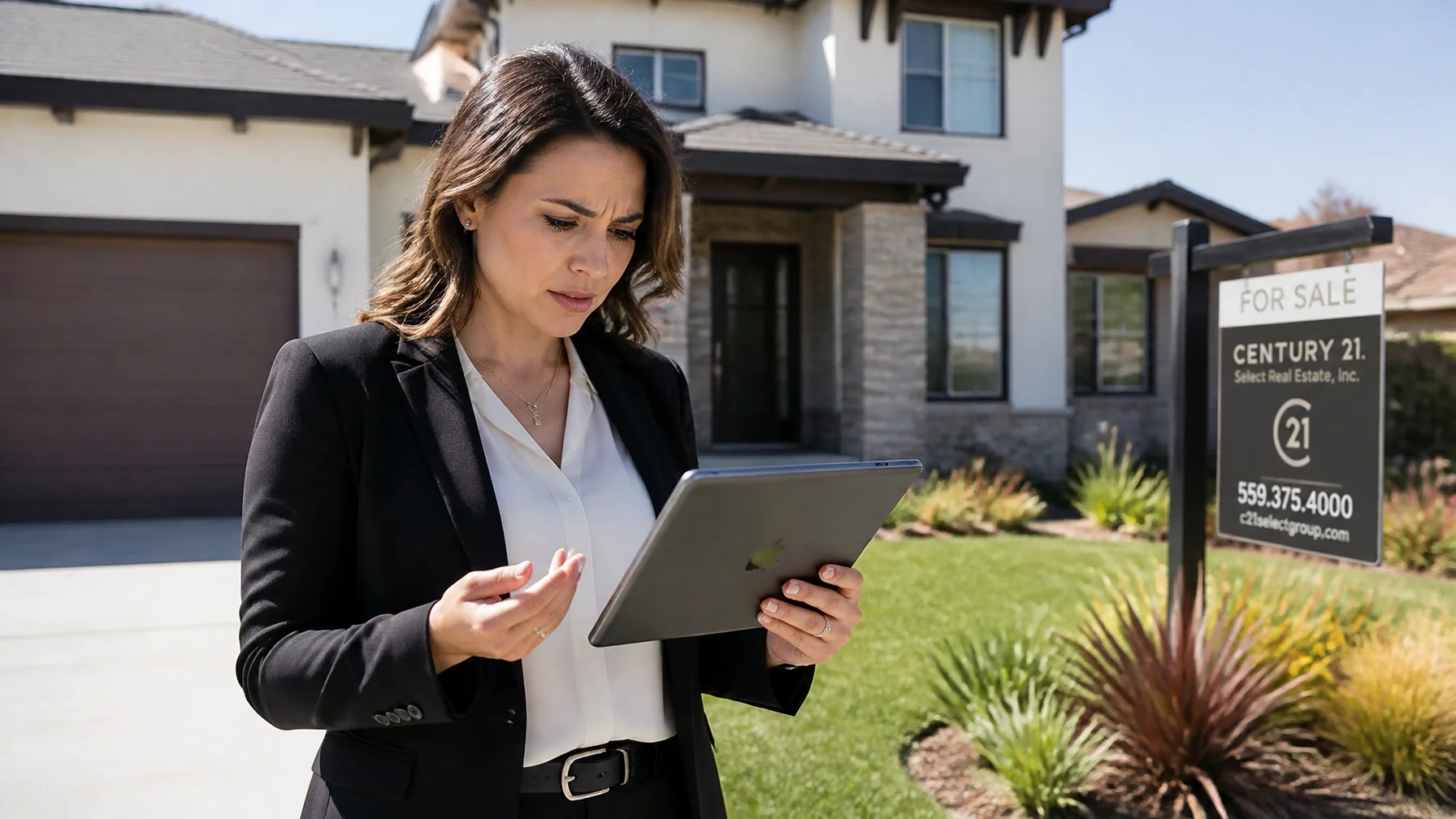 A real estate agent looking concerned at her tablet because a document won't sync in front of a modern home.