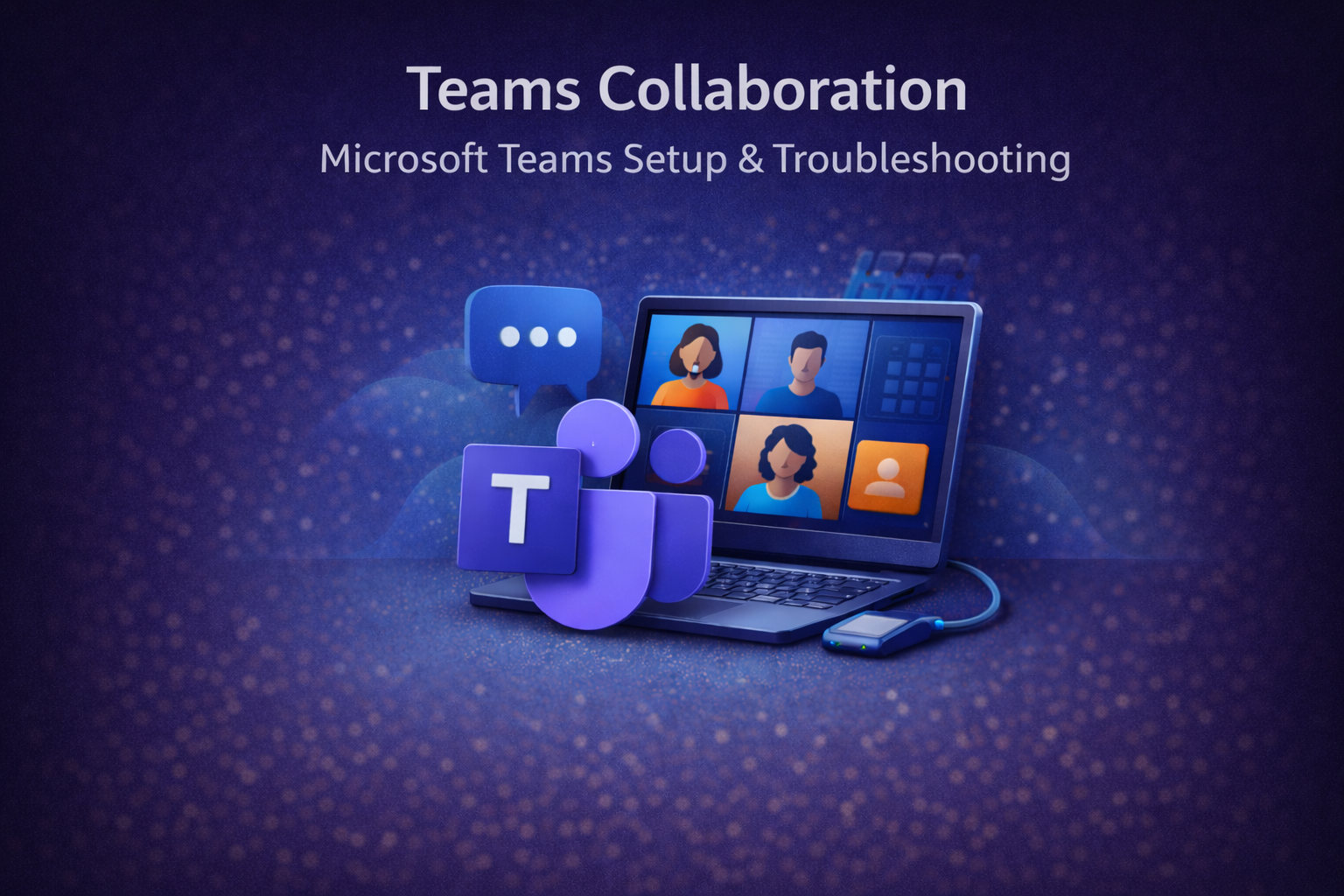 Microsoft Teams collaboration illustration showing chat, meetings, and team communication across devices