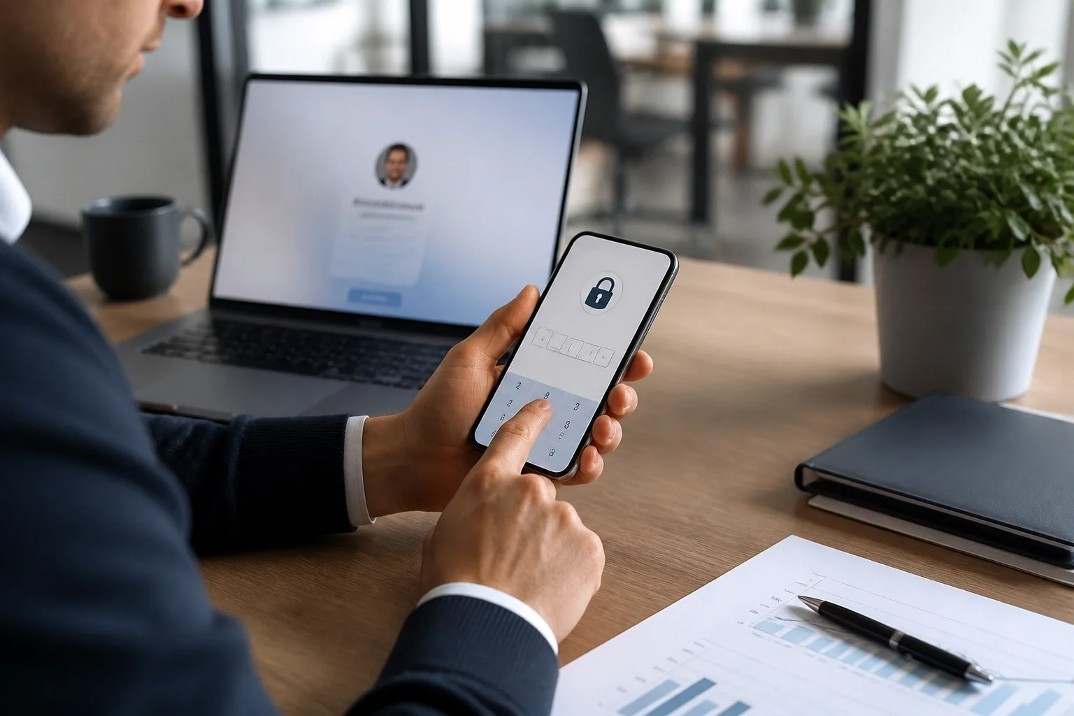 Professional using a smartphone for two-factor authentication during a secure Microsoft 365 login.