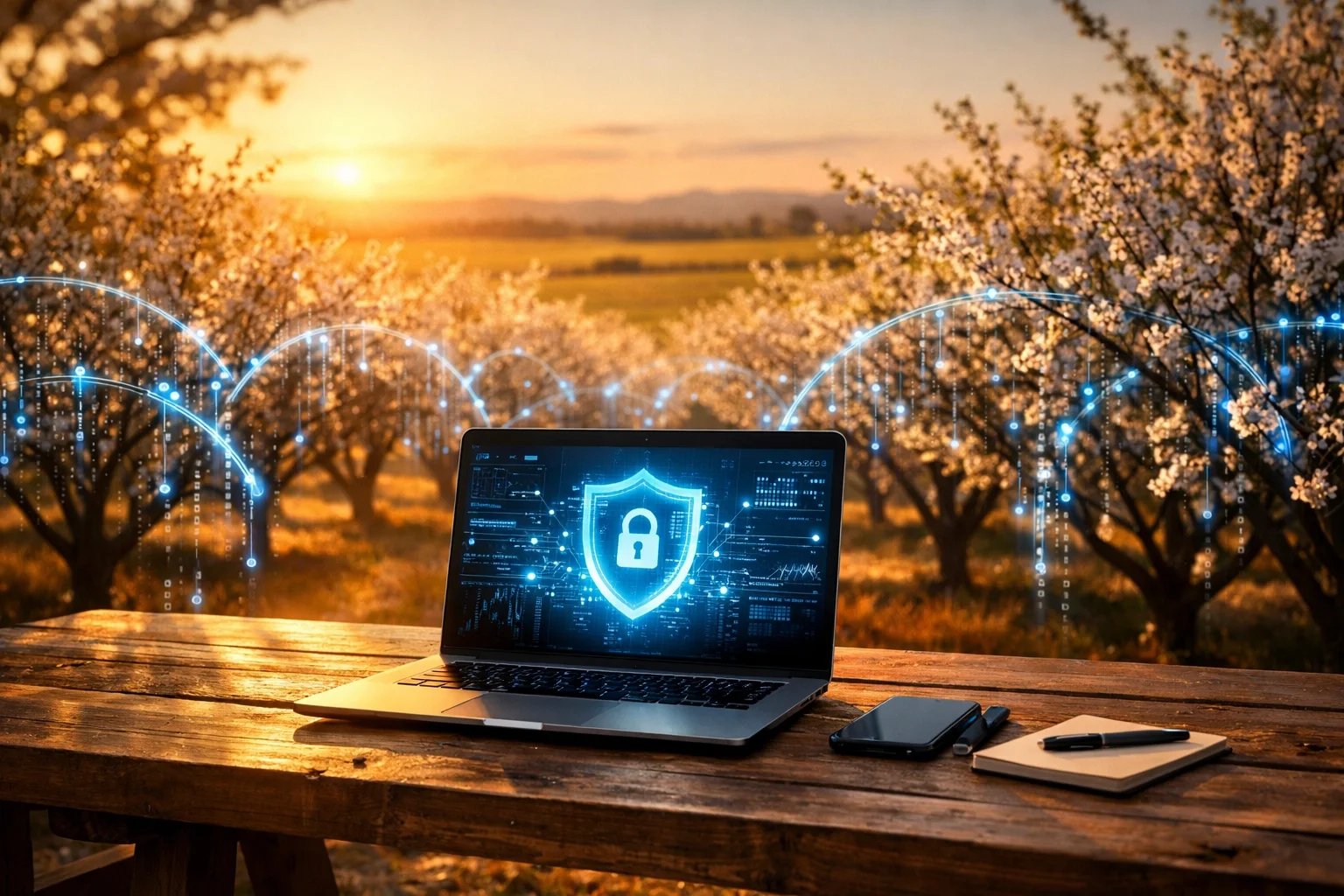 Digital security patterns overlaid on a Modesto almond orchard, symbolizing cybersecurity for local Central Valley agriculture and business.
