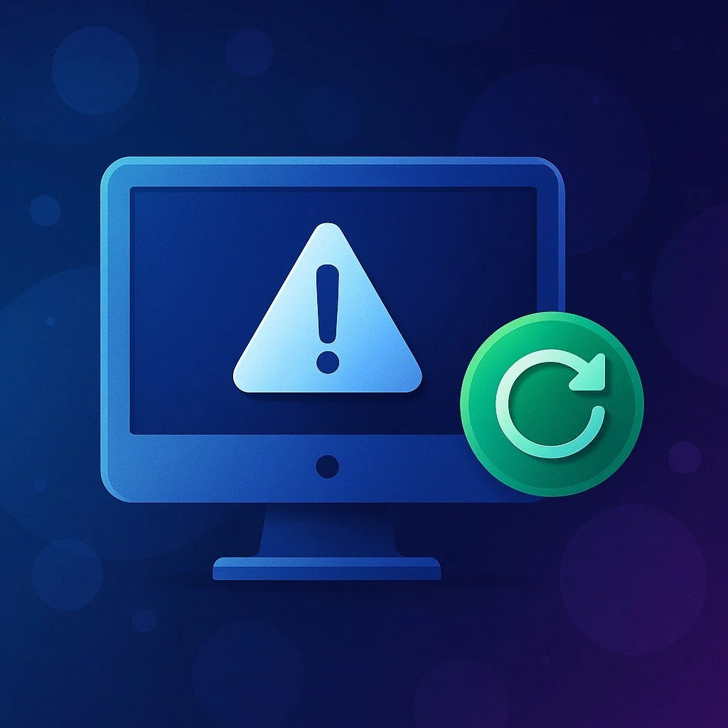Illustration of a laptop with a spinning update icon and broken gear representing Windows update failures and remote troubleshooting service